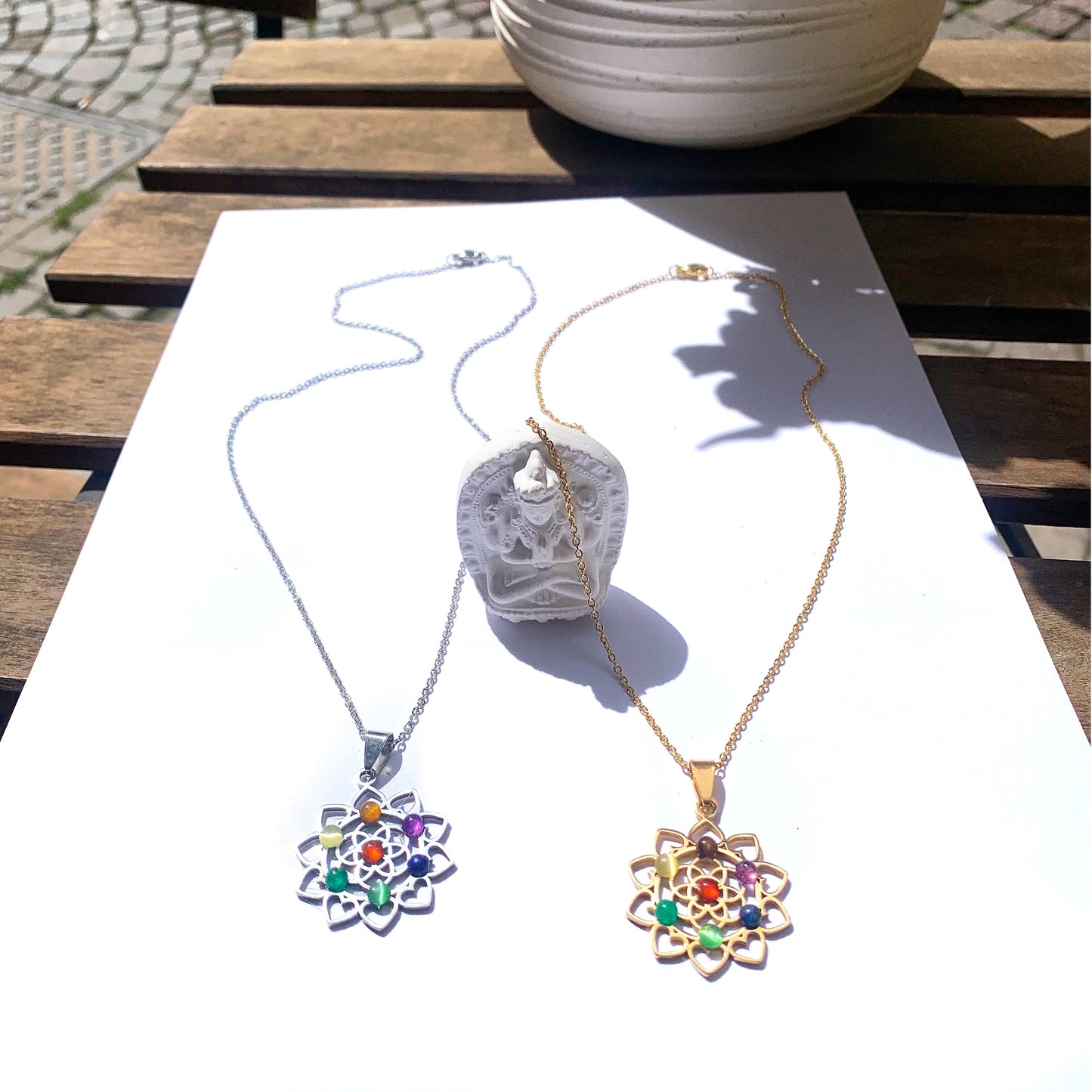 7 CHAKRAS LOTUS ~ Collana Pendente fiore loto + pietre dure naturali ACCIAIO