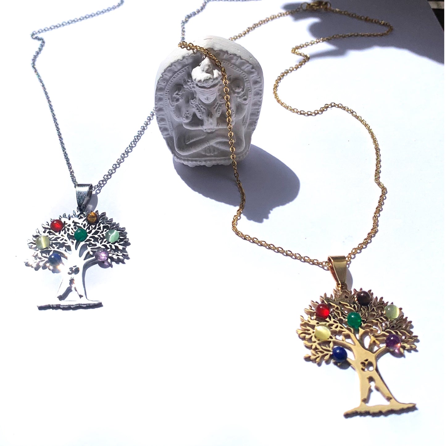 7 CHAKRAS TREE OF LIFE ~ Collana Pendente Albero della vita + pietre dure naturali ACCIAIO