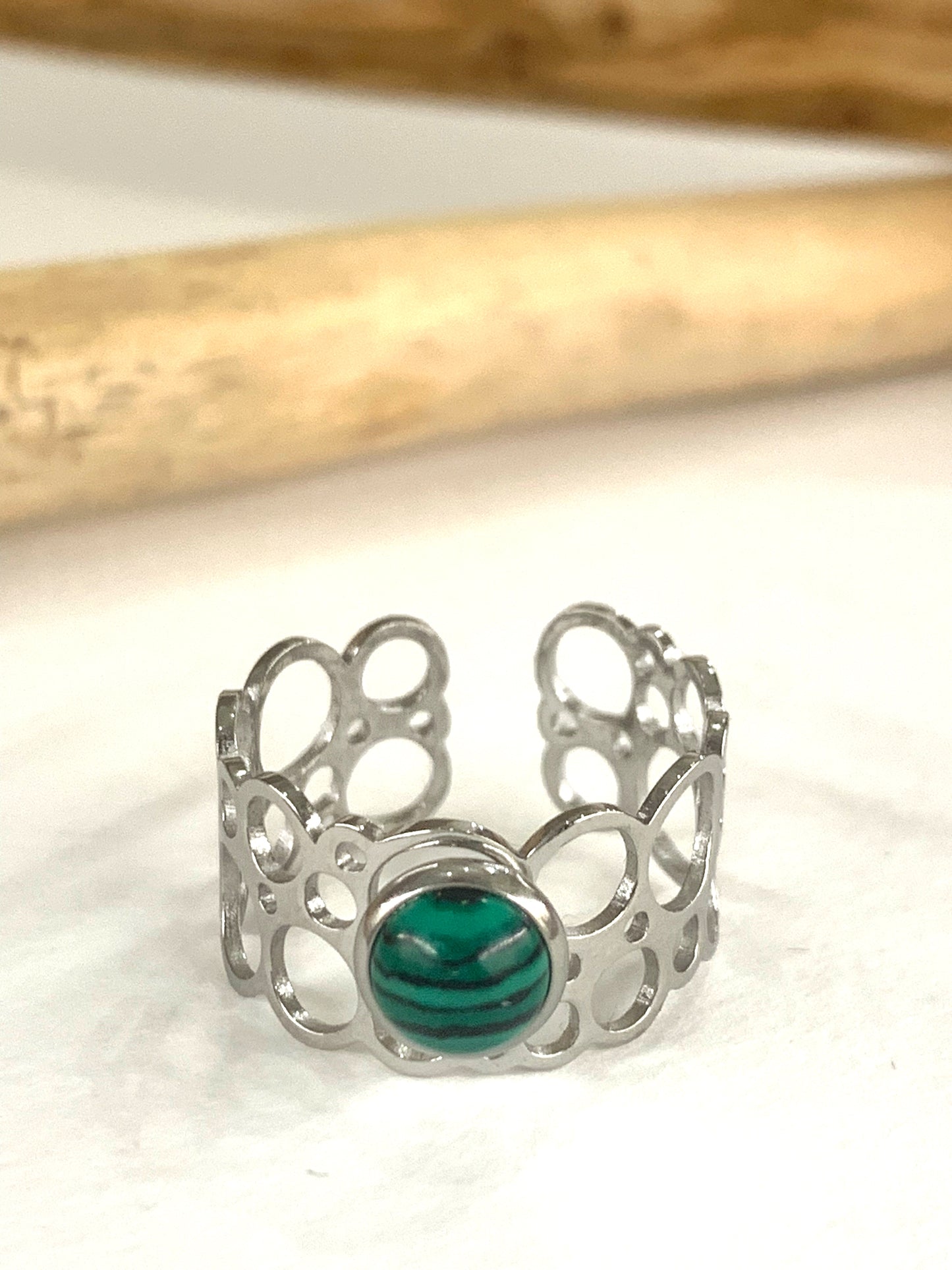 SHILA ~ Anello regolabile in acciaio inossidabile e MALACHITE naturale
