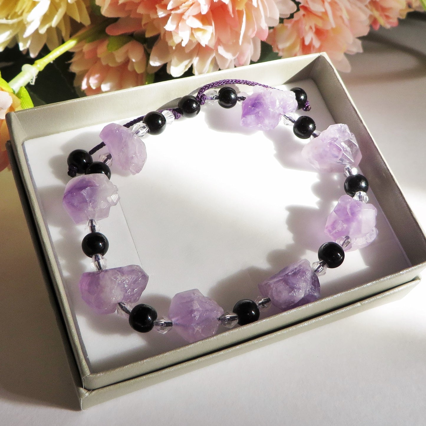 ANJALI BRACCIALE ~ CON DRUSE DI AMETISTA NATURALE IRREGOLARE E OSSIDIANA NERA ~ modello SHAMBALA