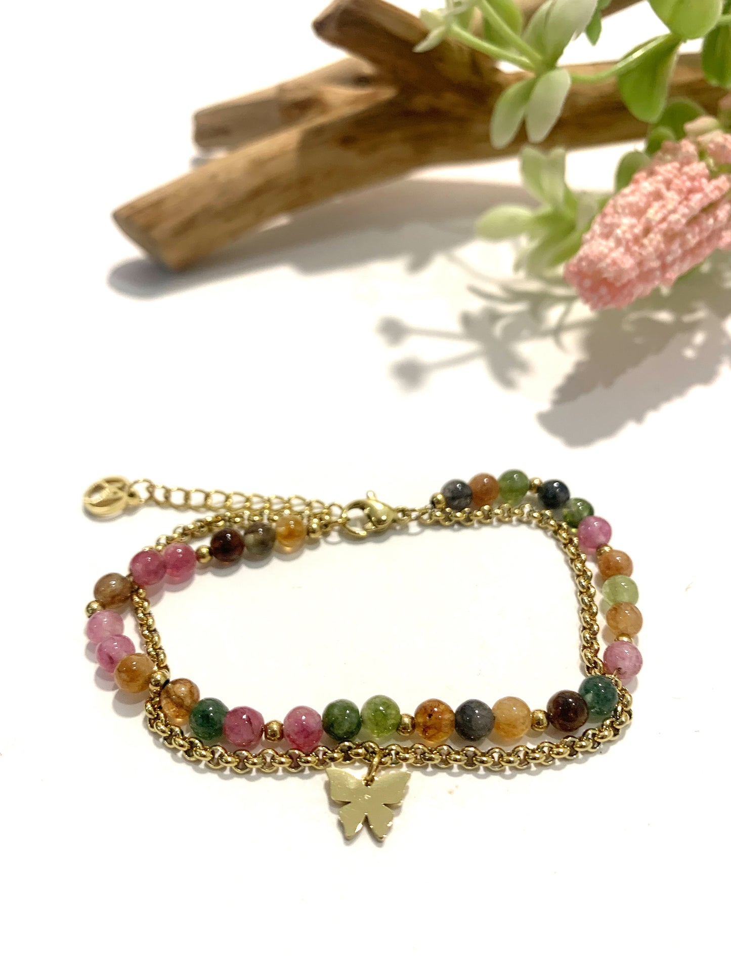 SHAILA butterfly BRACCIALE ~ in Acciaio 316 L , con pietre tormalina multicolor