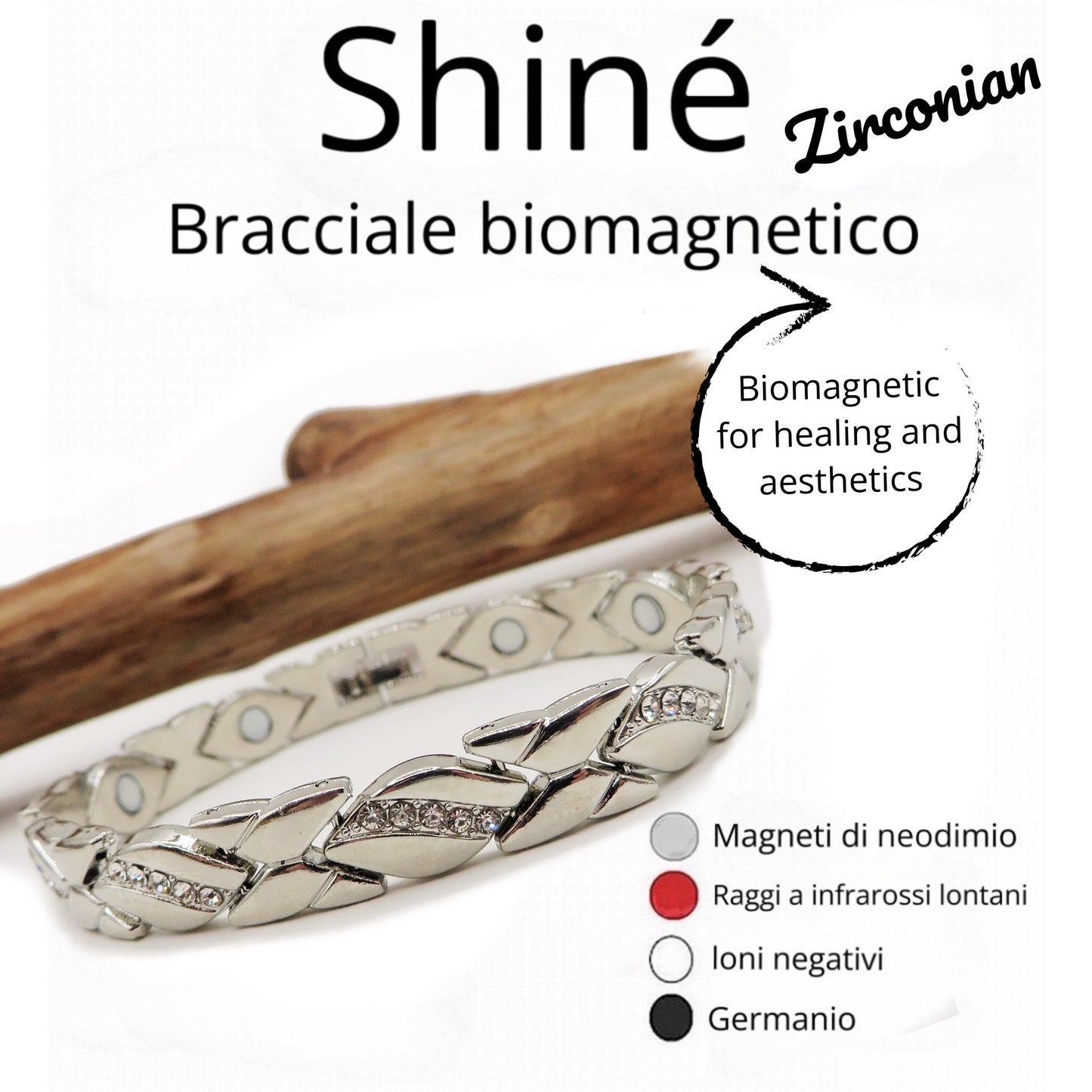 SHINÉ ZIRCONIAN ~ BRACCIALE BIO-MAGNETICO ~ IN ACCIAIO E ZIRCONI ~ MAGNETI ~ GERMANIO