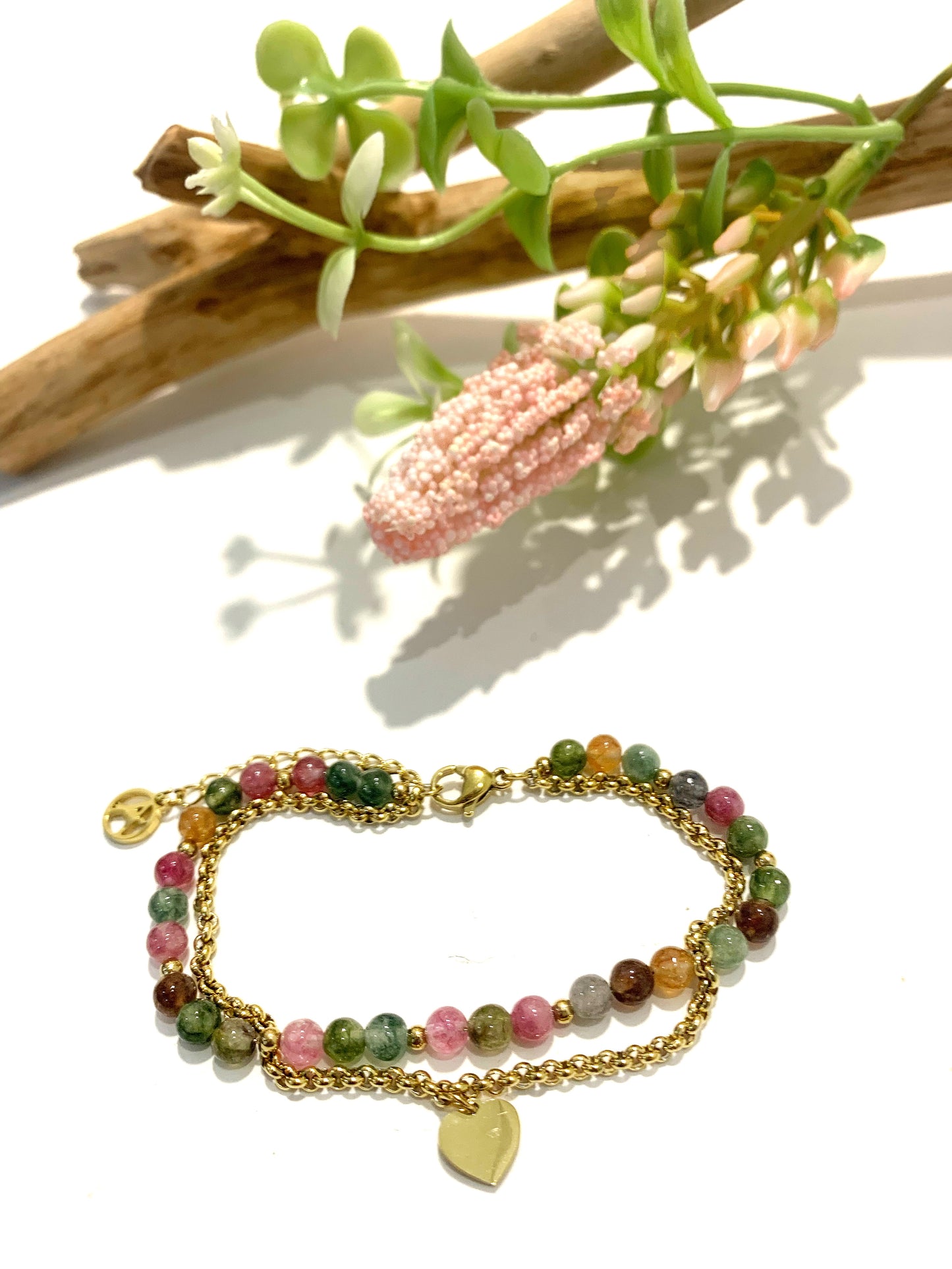 SHAILA heart BRACCIALE ~ in Acciaio 316 L , con pietre tormalina multicolor