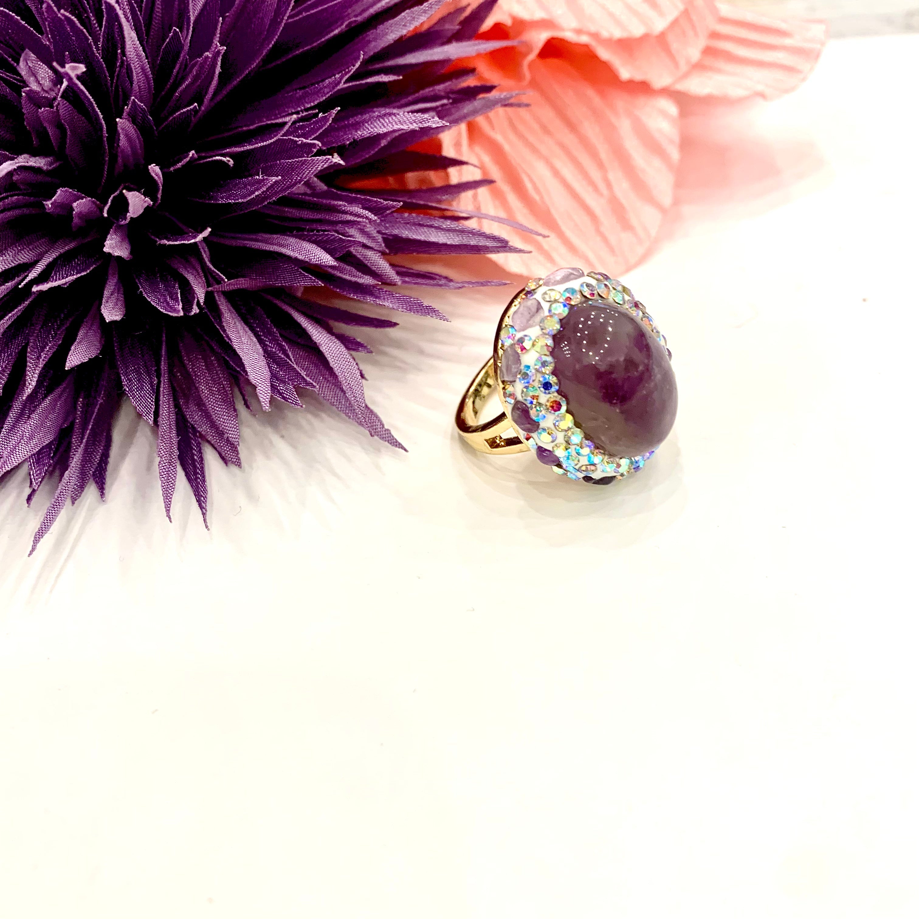 ISANA AMETISTA ~ ANELLO IN PIETRA DURA NATURALE E Metallo Ottone Galva E Rodiato Oro - Foto 10