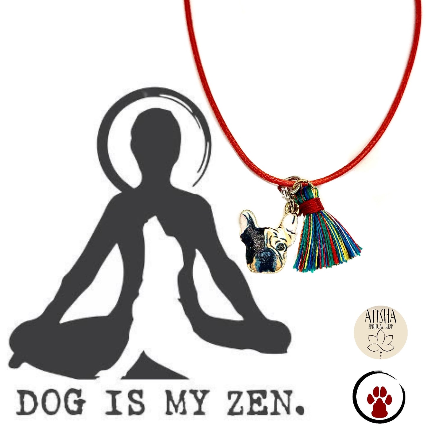 DOG IS MY ZEN ~Pendenti Bulldogue francese Tattoo, su cordino cerato con nappina,
