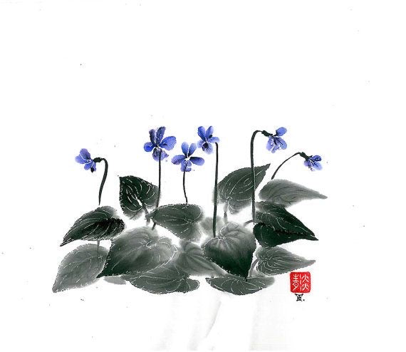 ZEN bruciaincenso in ceramica con decorazione SUMI -e Yume no Yume ~ Foglia di bambù ~ Felce di violìni ~ Gloria mattutina