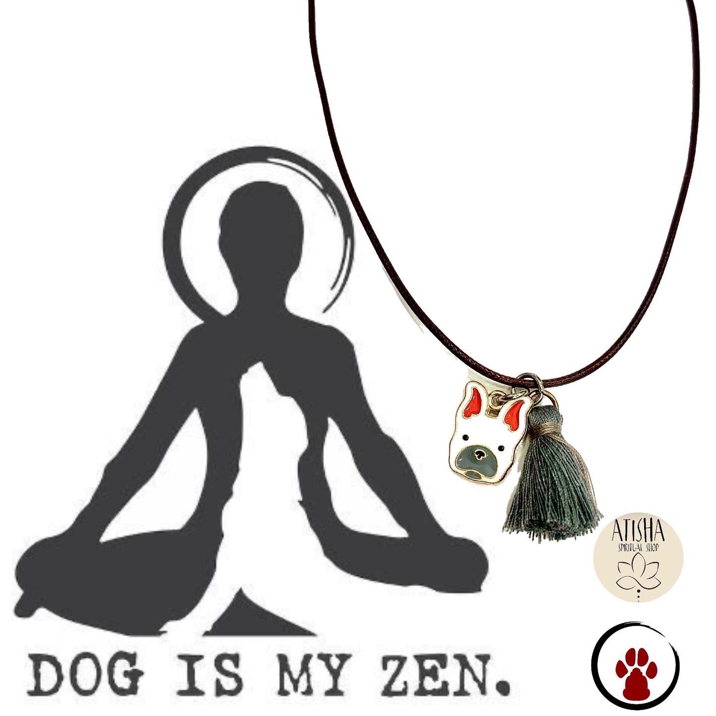 DOG IS MY ZEN ~Pendenti Bulldogue francese Tattoo, su cordino cerato con nappina,