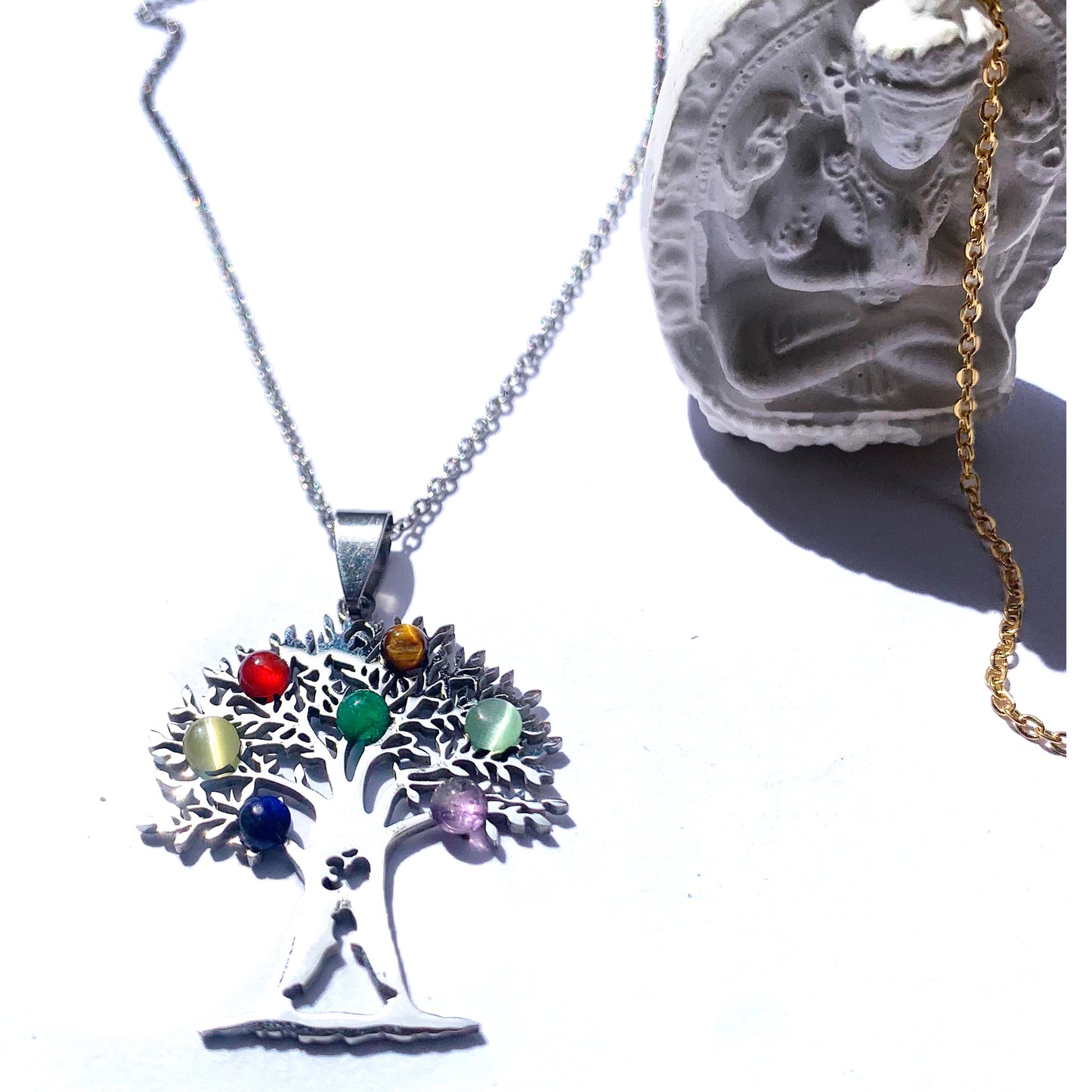 7 CHAKRAS TREE OF LIFE ~ Collana Pendente Albero della vita + pietre dure naturali ACCIAIO