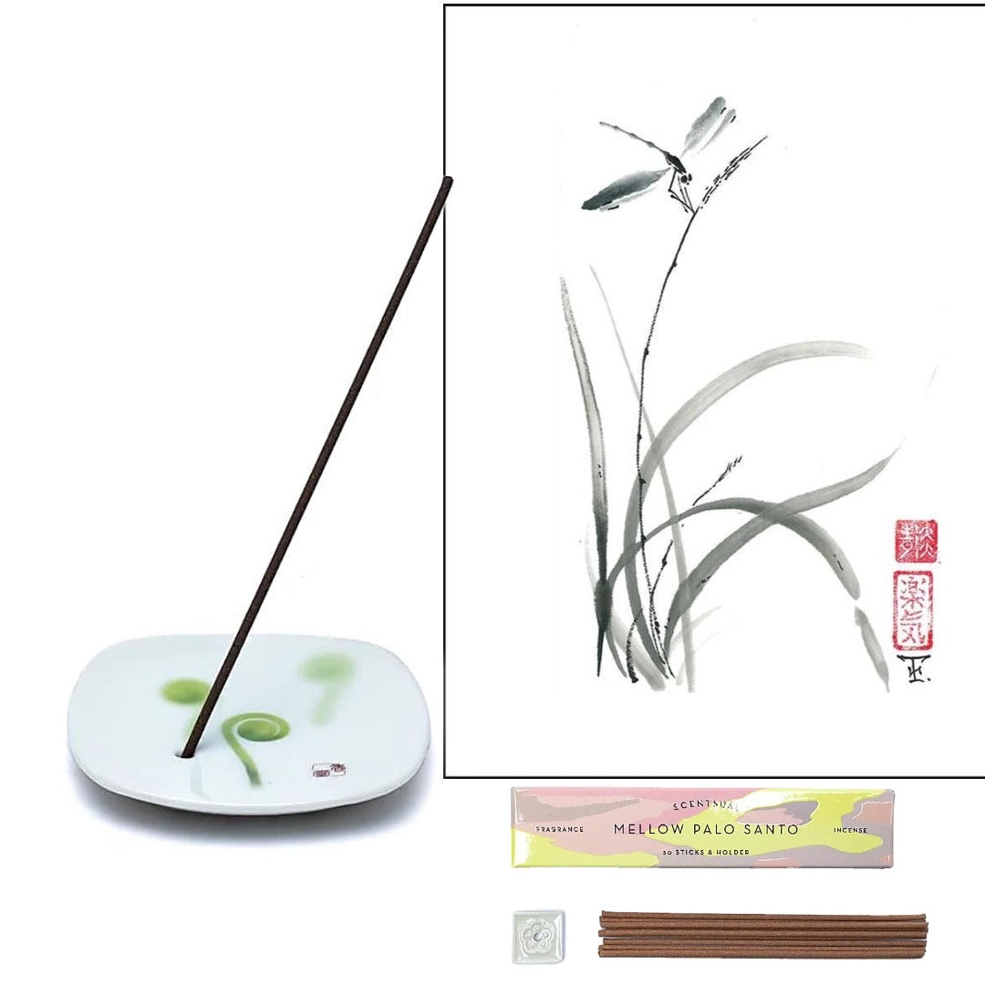 ZEN bruciaincenso in ceramica con decorazione SUMI -e Yume no Yume ~ Foglia di bambù ~ Felce di violìni ~ Gloria mattutina