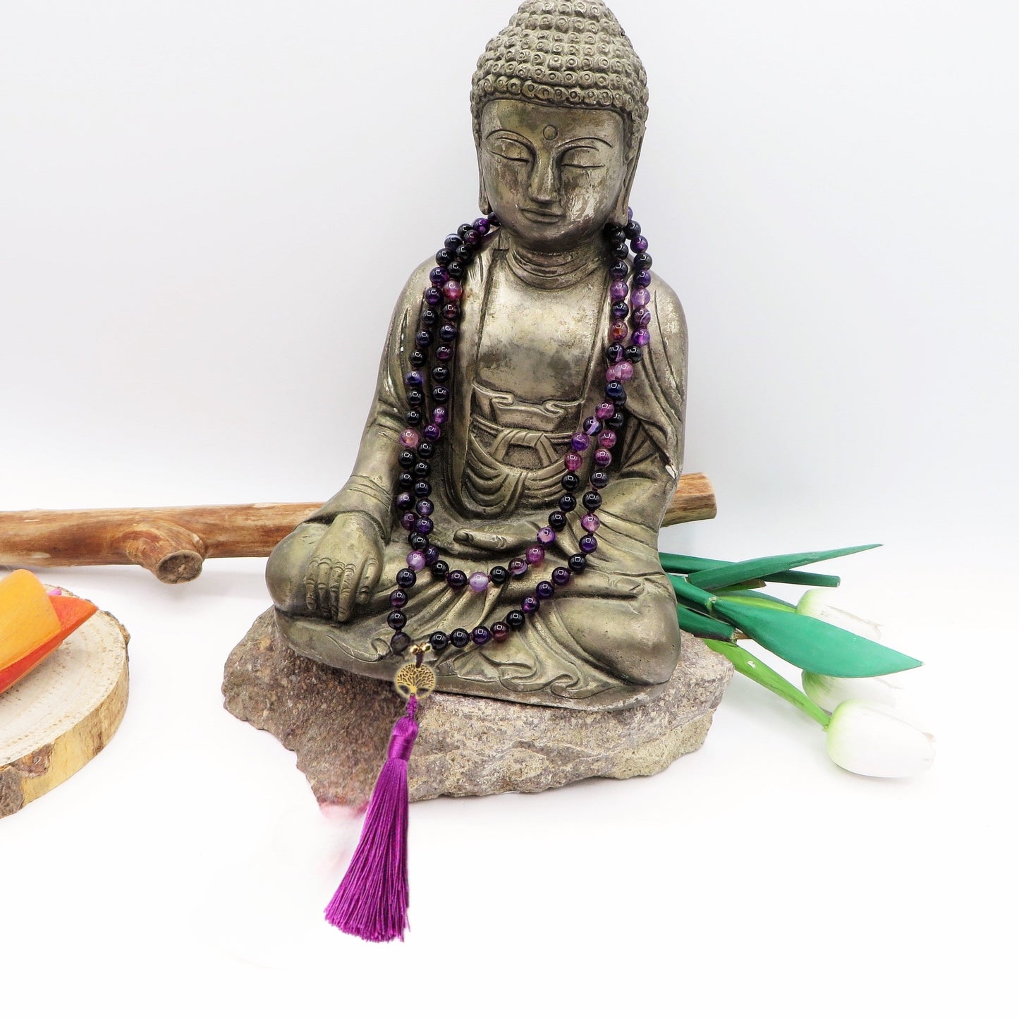 LHAMO ~ JAPAMALA 108 grani in AGATA FUOCO, AGATA VIOLA E AGATA STRIATA MULTICOLOR, AGATA LAPISLAZZULI