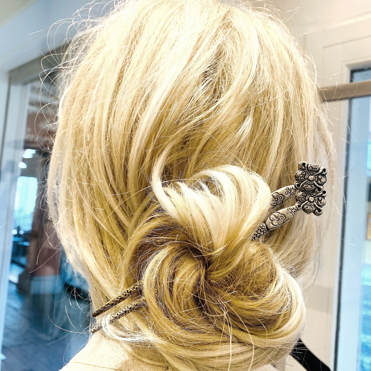 TAMA KANZASHI ~ bastoncino per capelli ~ con incisi motivi Buddhisti ~ in metallo copper Silver 925 Plated ~