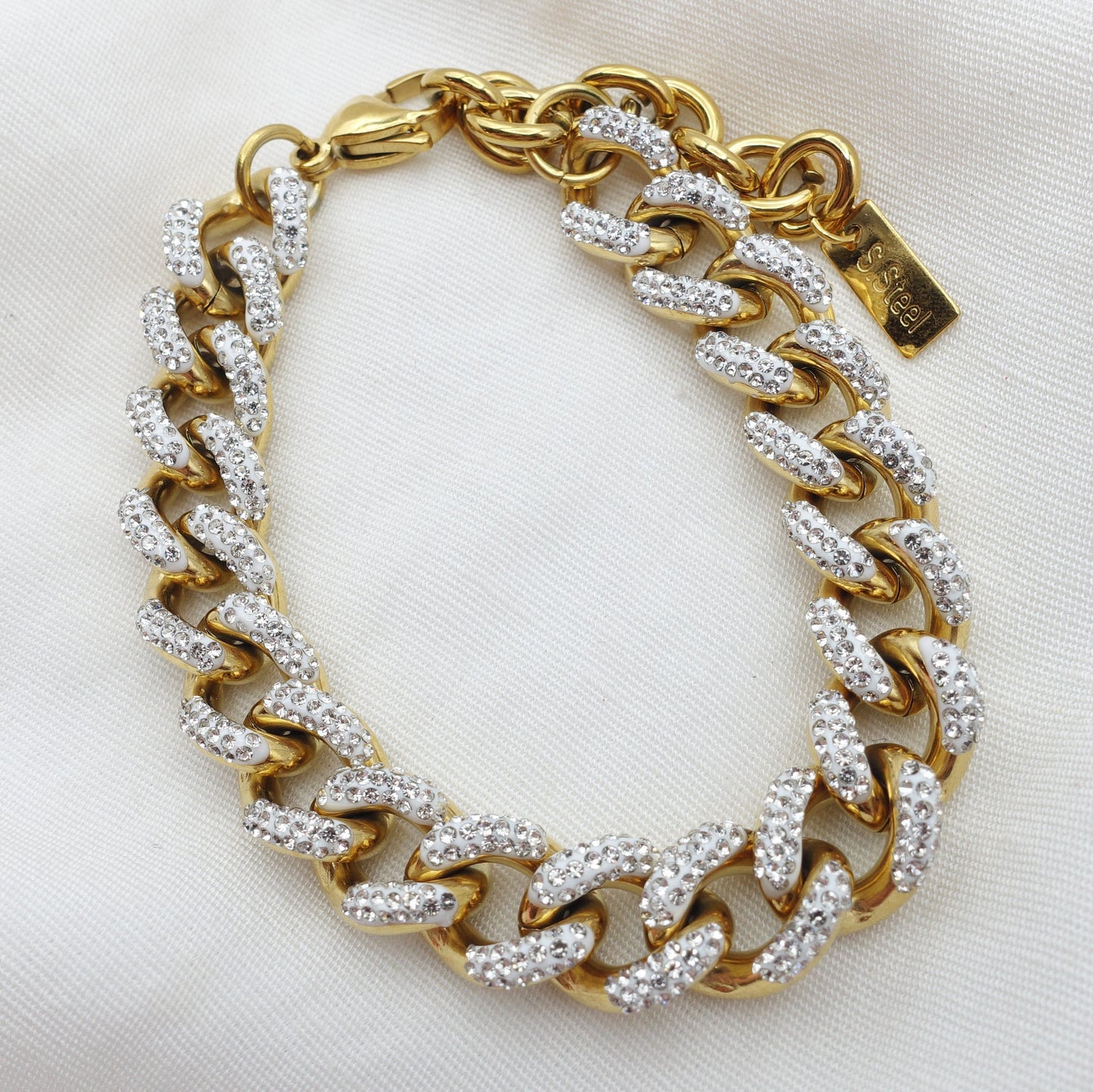 MADISON ~ Bracciale con catena cubana in ACCIAIO INOX e zirconi
