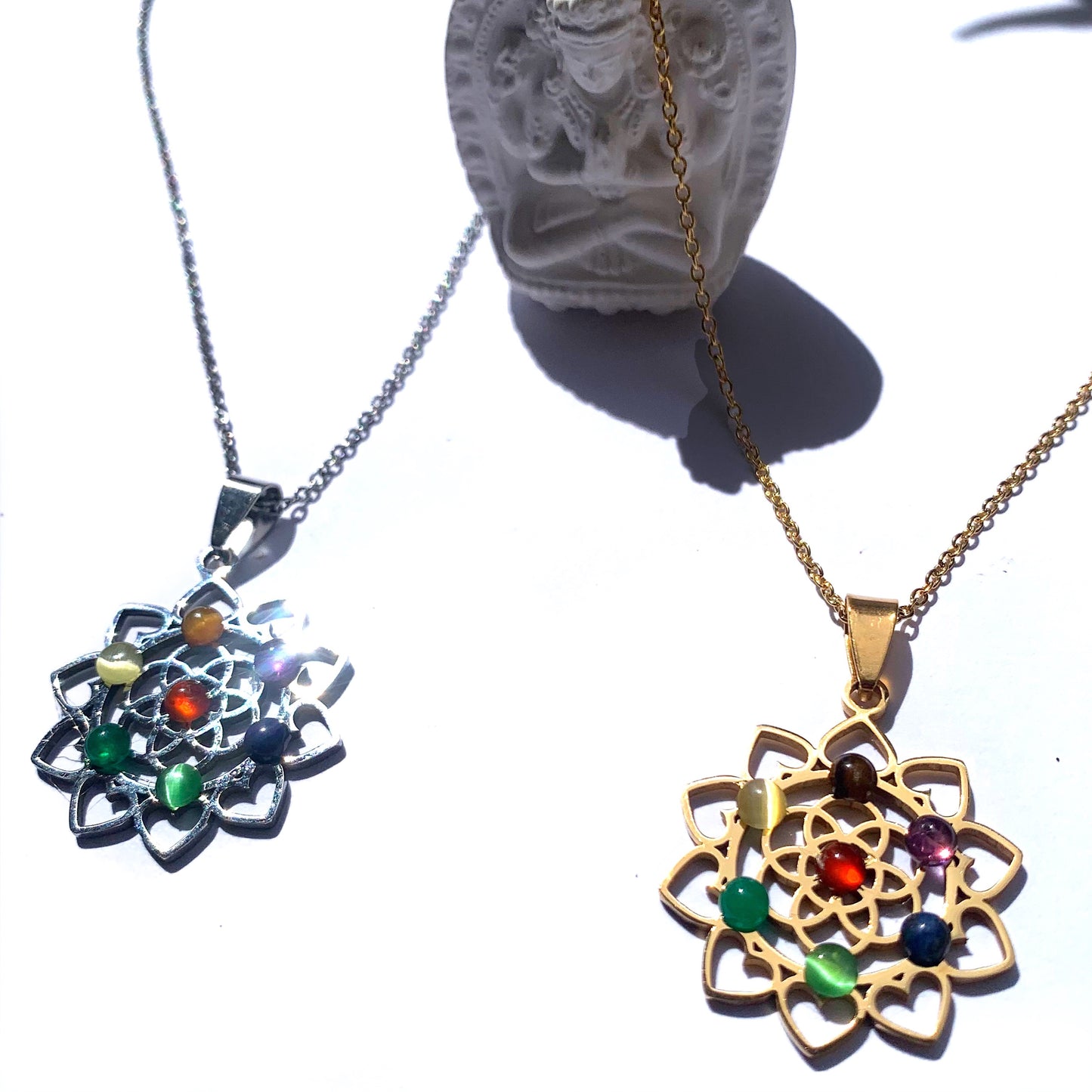 7 CHAKRAS LOTUS ~ Collana Pendente fiore loto + pietre dure naturali ACCIAIO