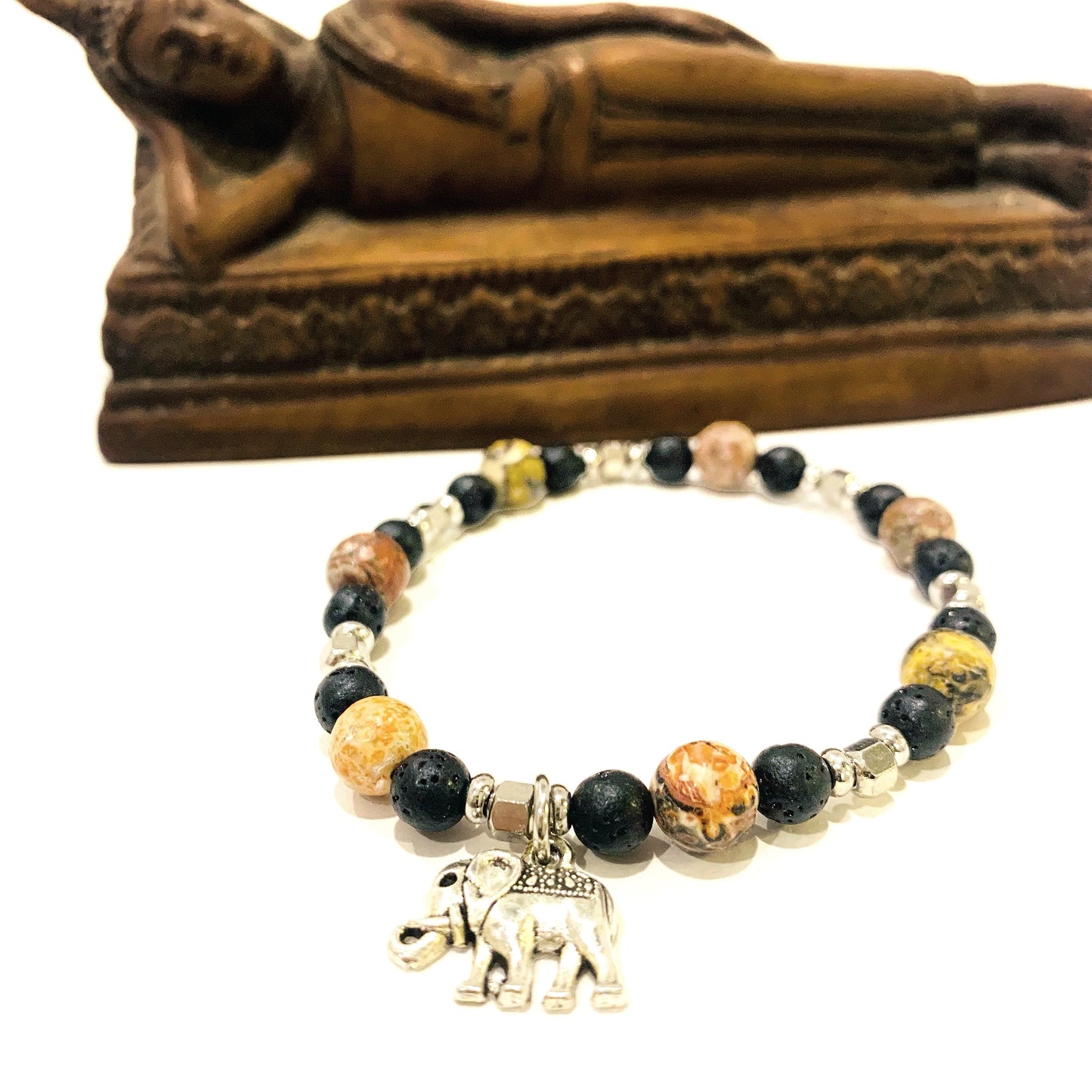 TYCHI ~ Mala bracciale elastico di Legno di Sandalo con elefantino