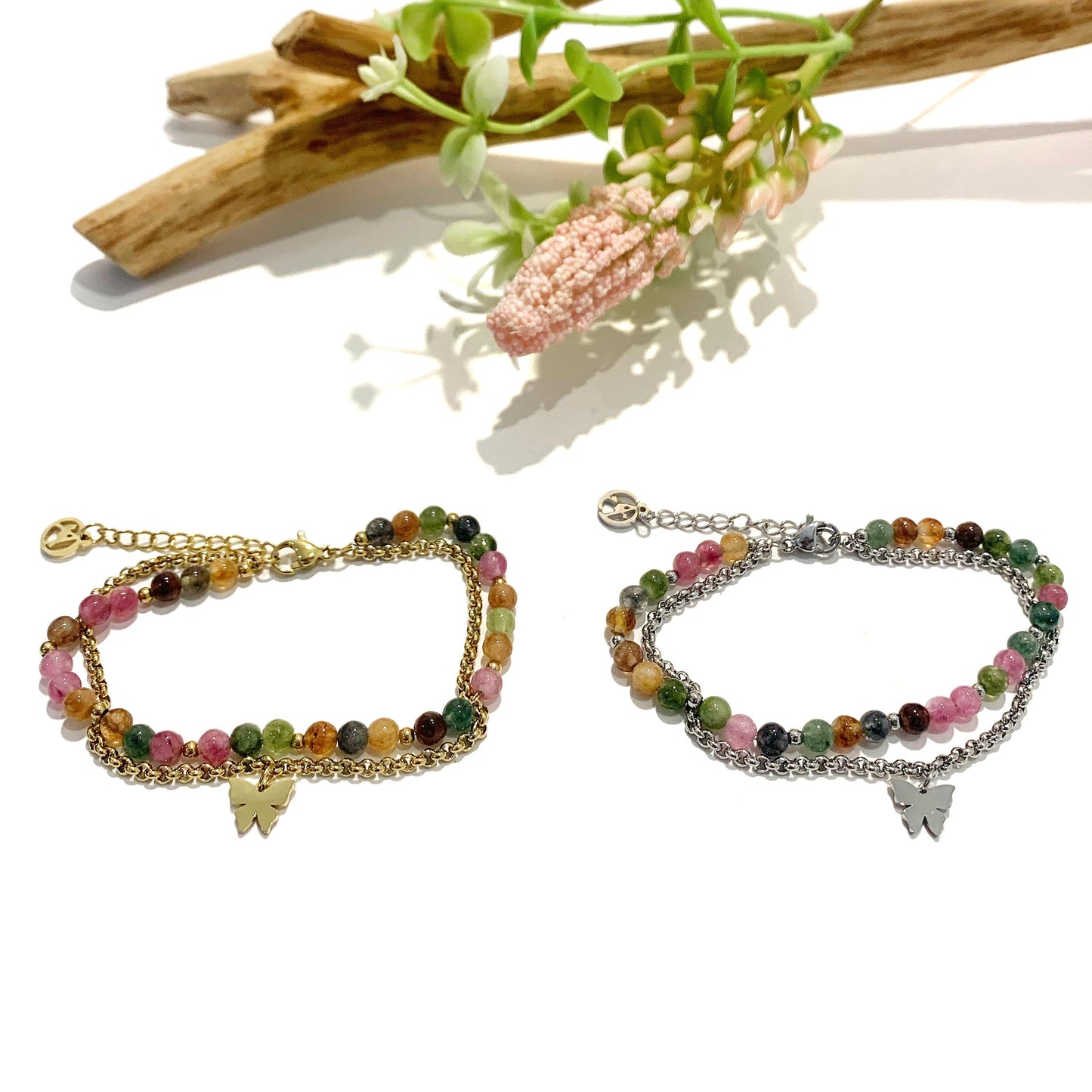 SHAILA butterfly BRACCIALE ~ in Acciaio 316 L , con pietre tormalina multicolor