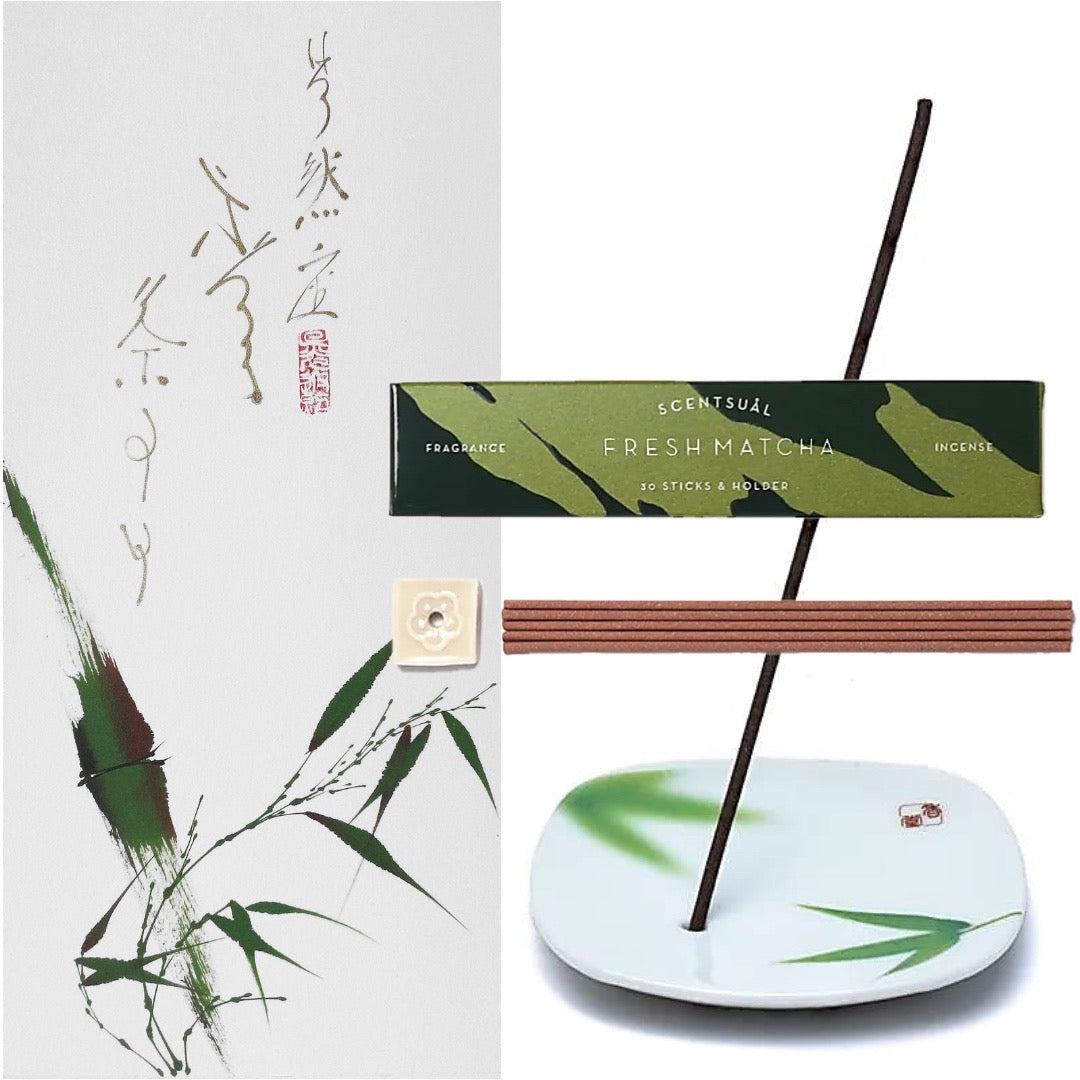 ZEN bruciaincenso in ceramica con decorazione SUMI -e Yume no Yume ~ Foglia di bambù ~ Felce di violìni ~ Gloria mattutina