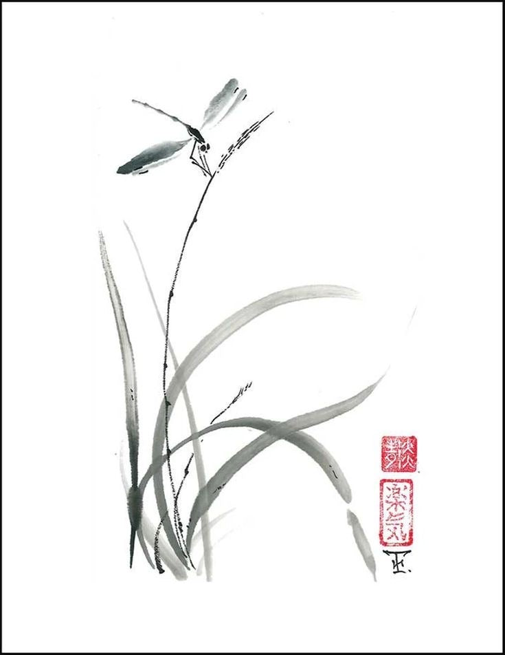 ZEN bruciaincenso in ceramica con decorazione SUMI -e Yume no Yume ~ Foglia di bambù ~ Felce di violìni ~ Gloria mattutina
