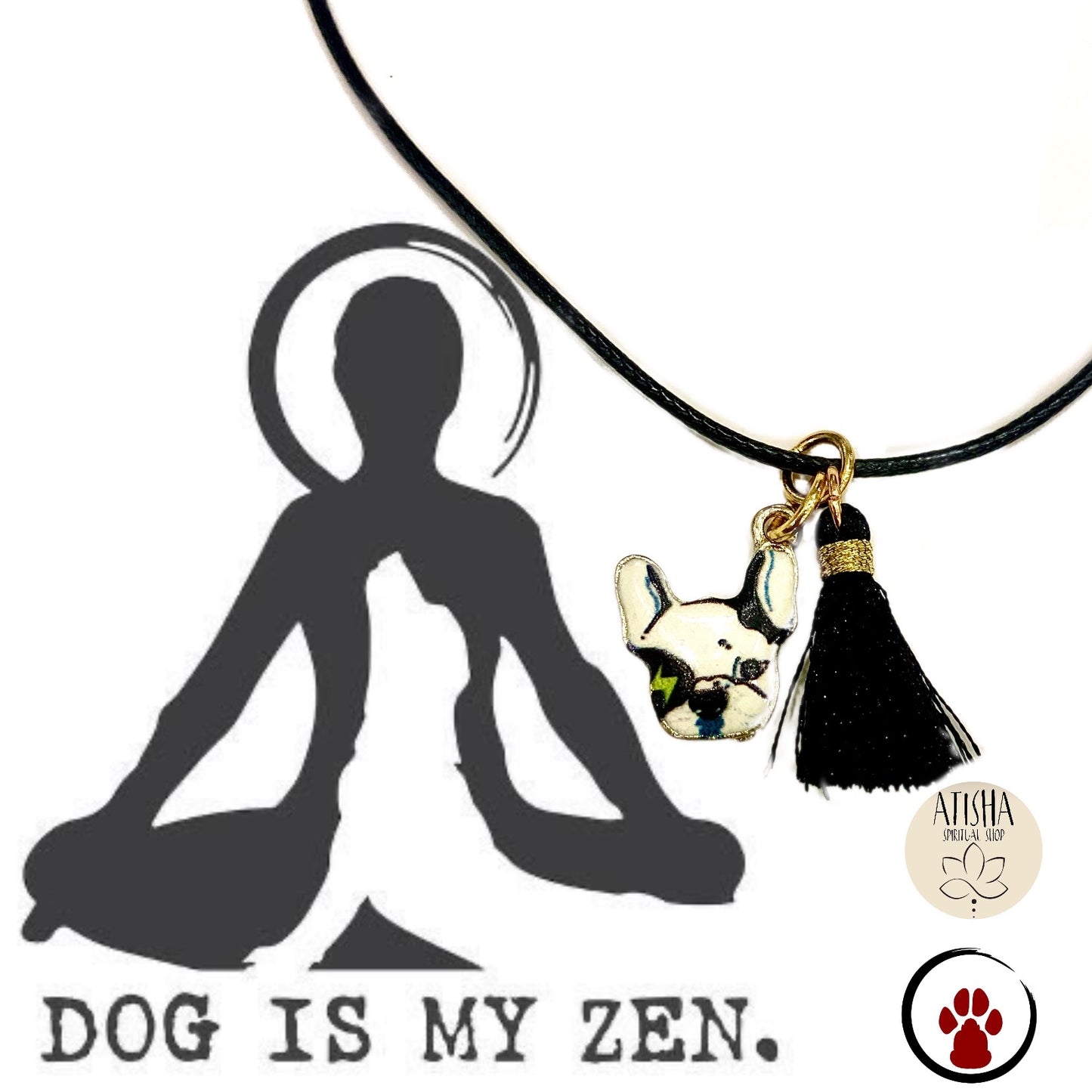 DOG IS MY ZEN ~Pendenti Bulldogue francese Tattoo, su cordino cerato con nappina,