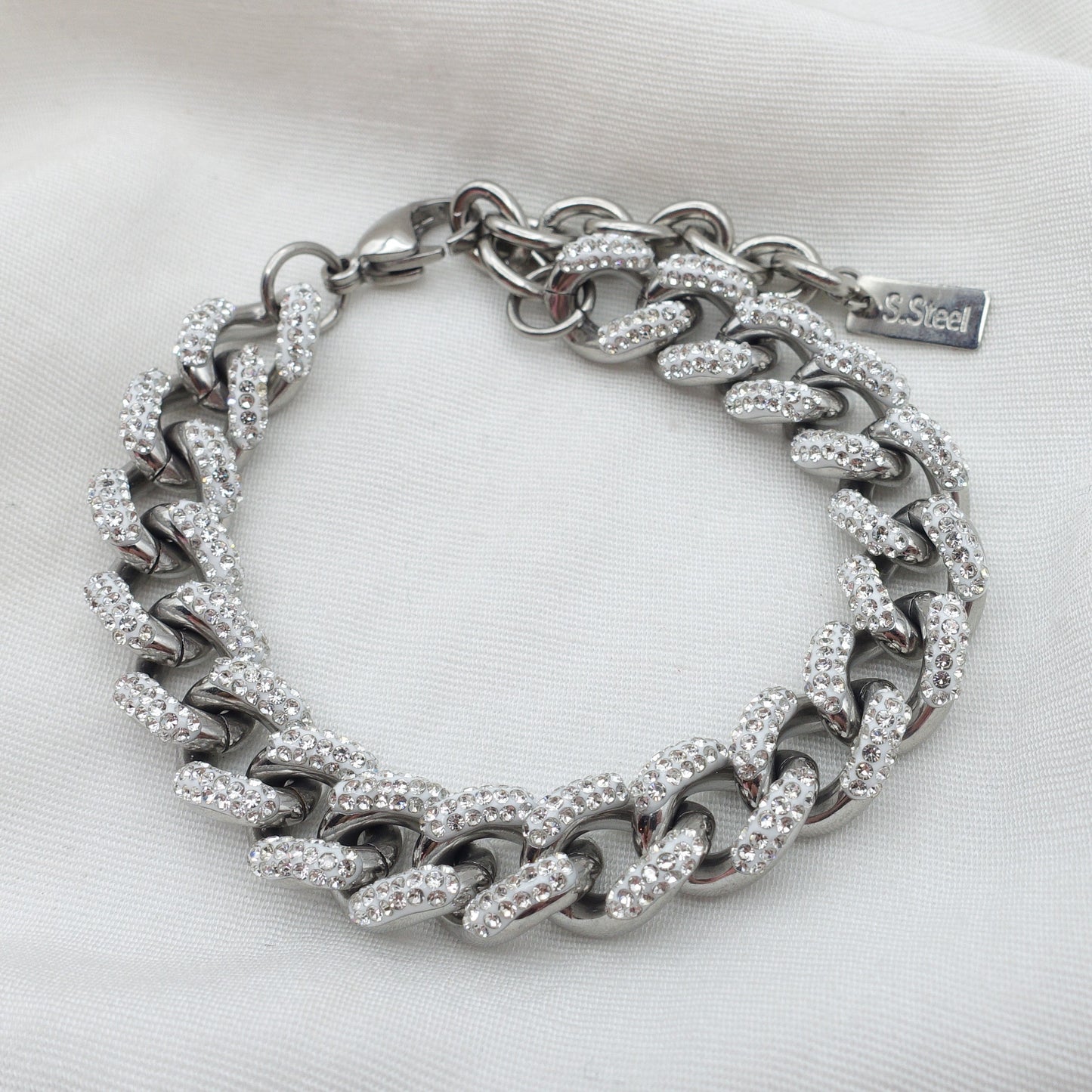 MADISON ~ Bracciale con catena cubana in ACCIAIO INOX e zirconi