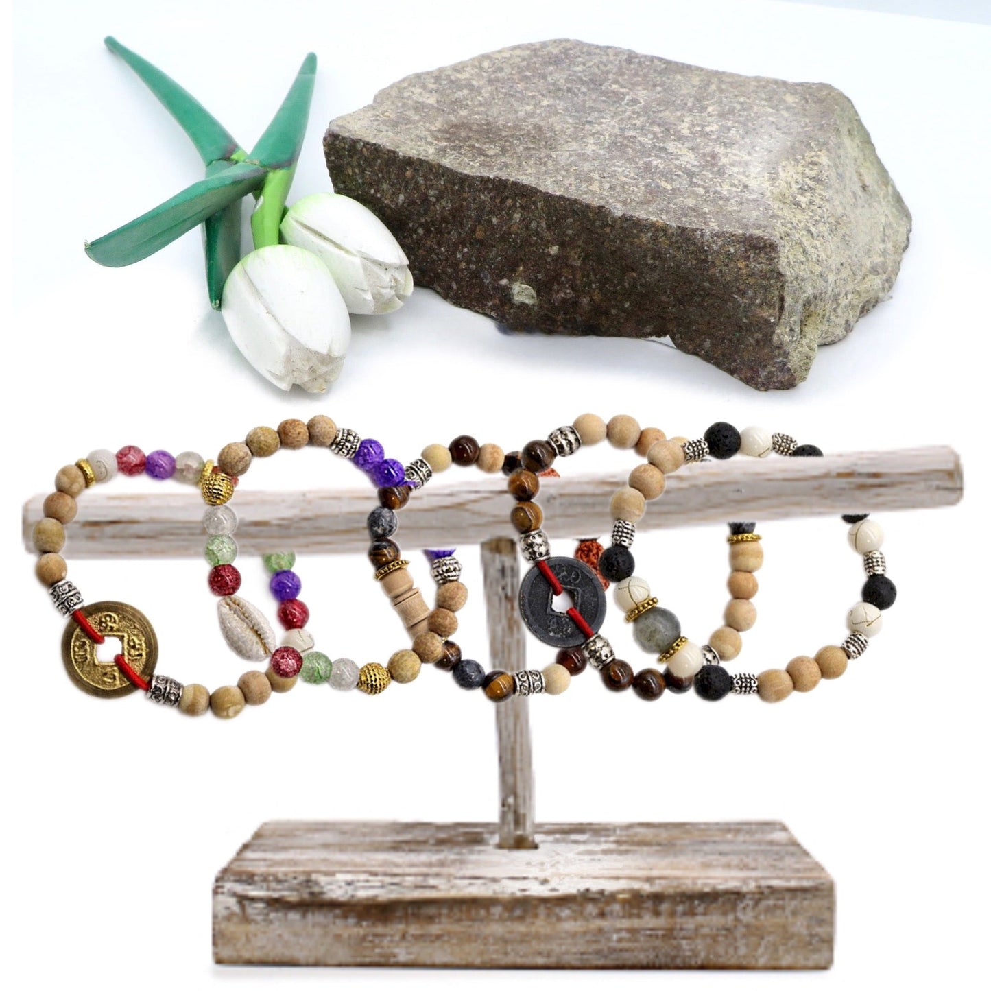 UBUD BALI NATURA ~ bracciale elasticizzato ~ pietre dure naturali ~ Semi di RUDRAKSHA ~