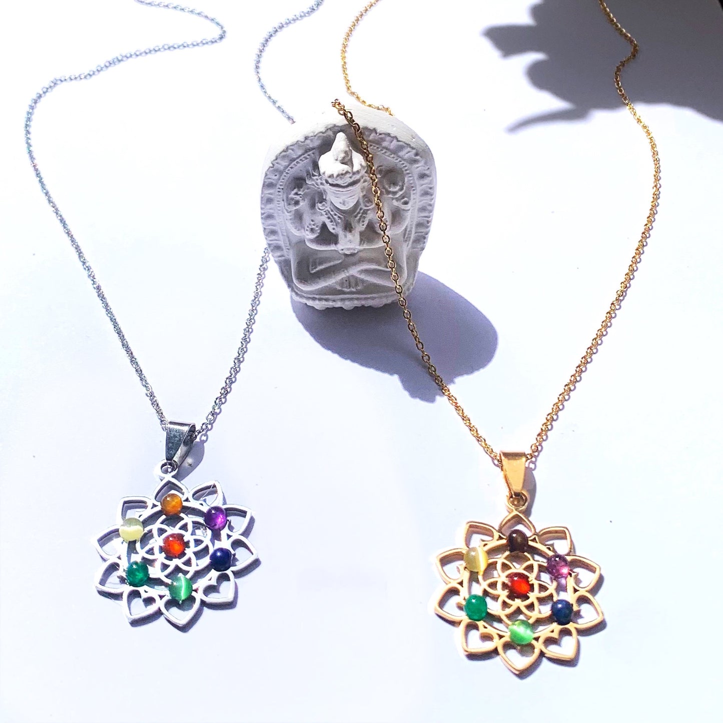 7 CHAKRAS LOTUS ~ Collana Pendente fiore loto + pietre dure naturali ACCIAIO
