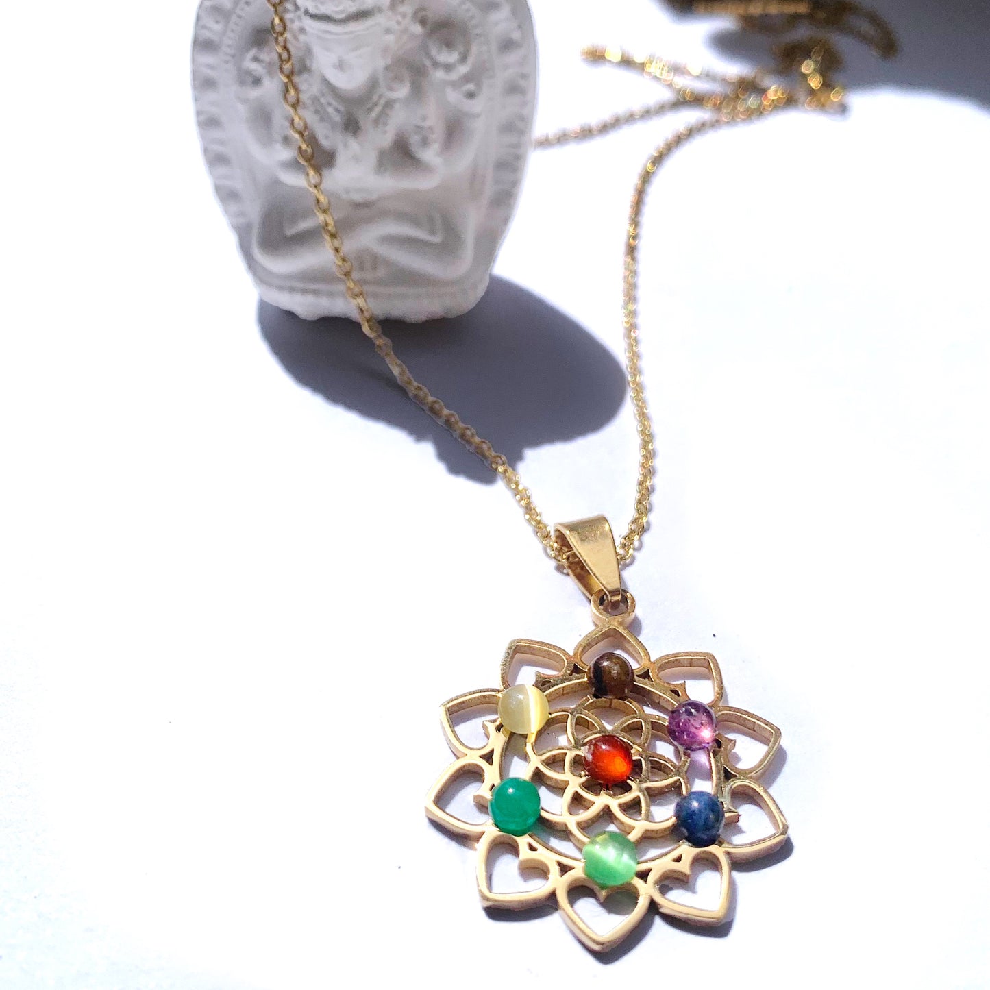7 CHAKRAS LOTUS ~ Collana Pendente fiore loto + pietre dure naturali ACCIAIO