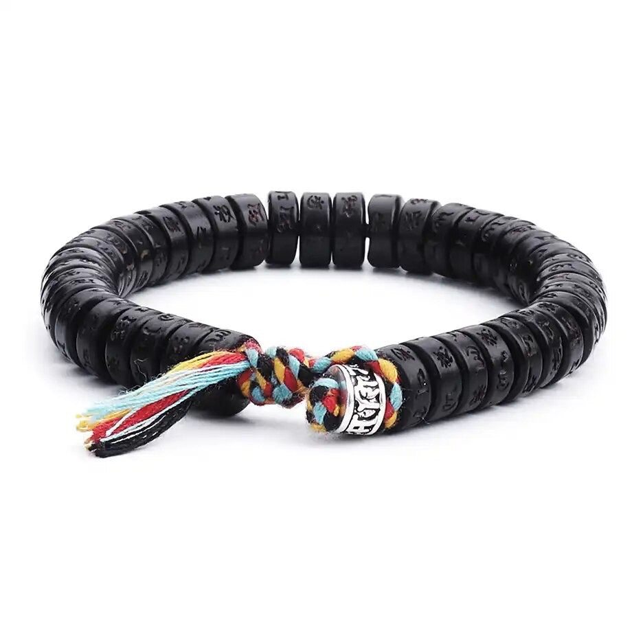 SUTRA ~ Bracciale Tibetano in legno di cocco con mantra incisi e cordino tibetano