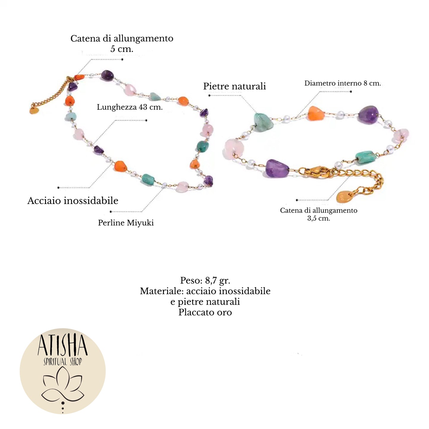 HANA Bracciale Multicolors ~ bracciale in acciaio con pietre dure naturali