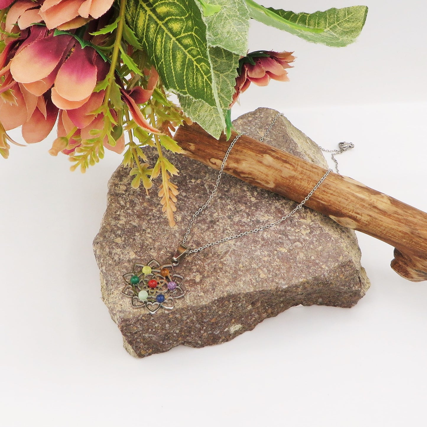 7 CHAKRAS LOTUS ~ Collana Pendente fiore loto + pietre dure naturali ACCIAIO