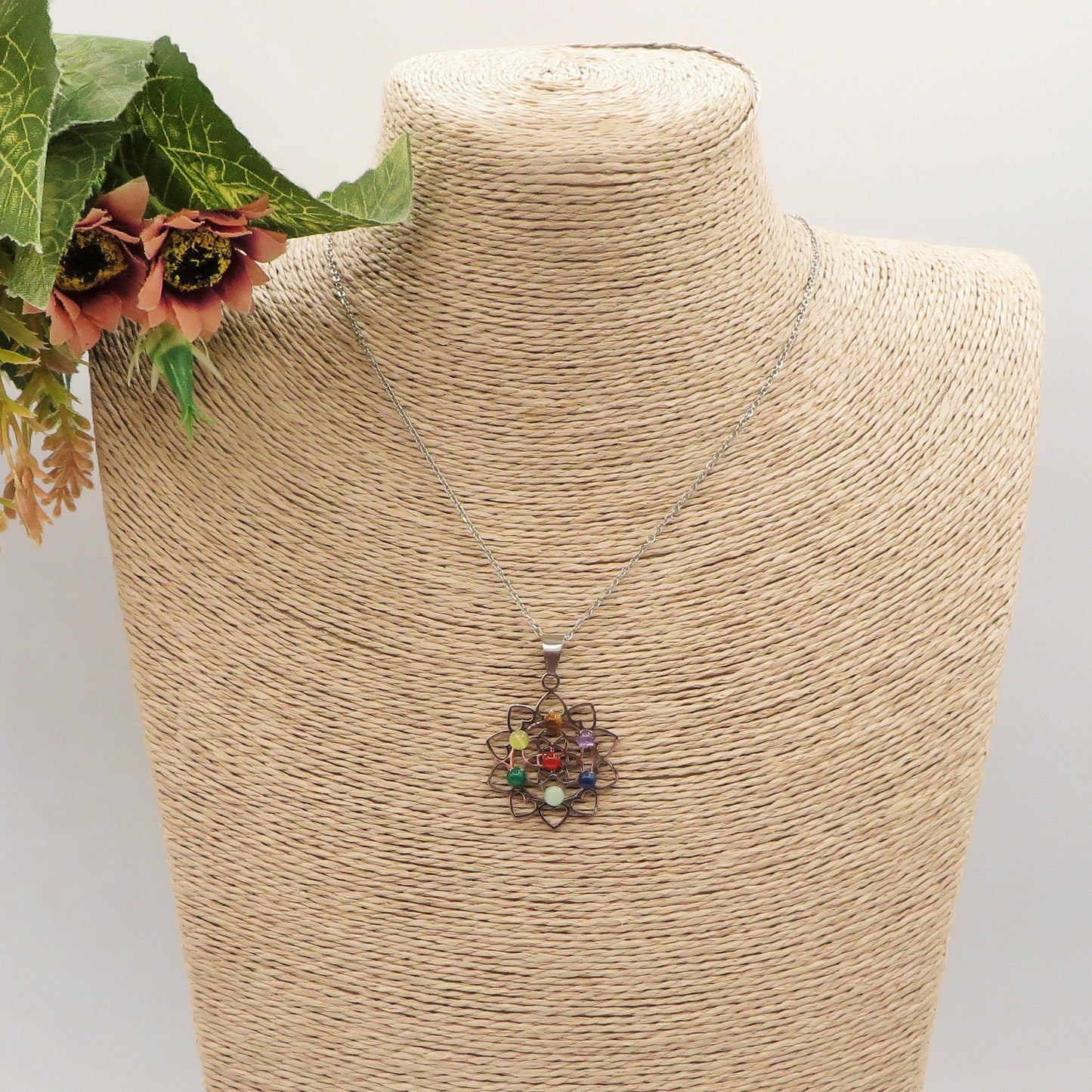 7 CHAKRAS LOTUS ~ Collana Pendente fiore loto + pietre dure naturali ACCIAIO