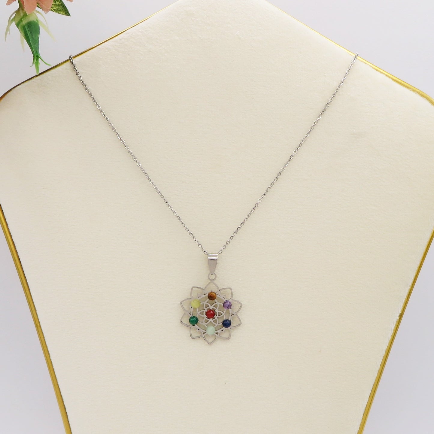 7 CHAKRAS LOTUS ~ Collana Pendente fiore loto + pietre dure naturali ACCIAIO