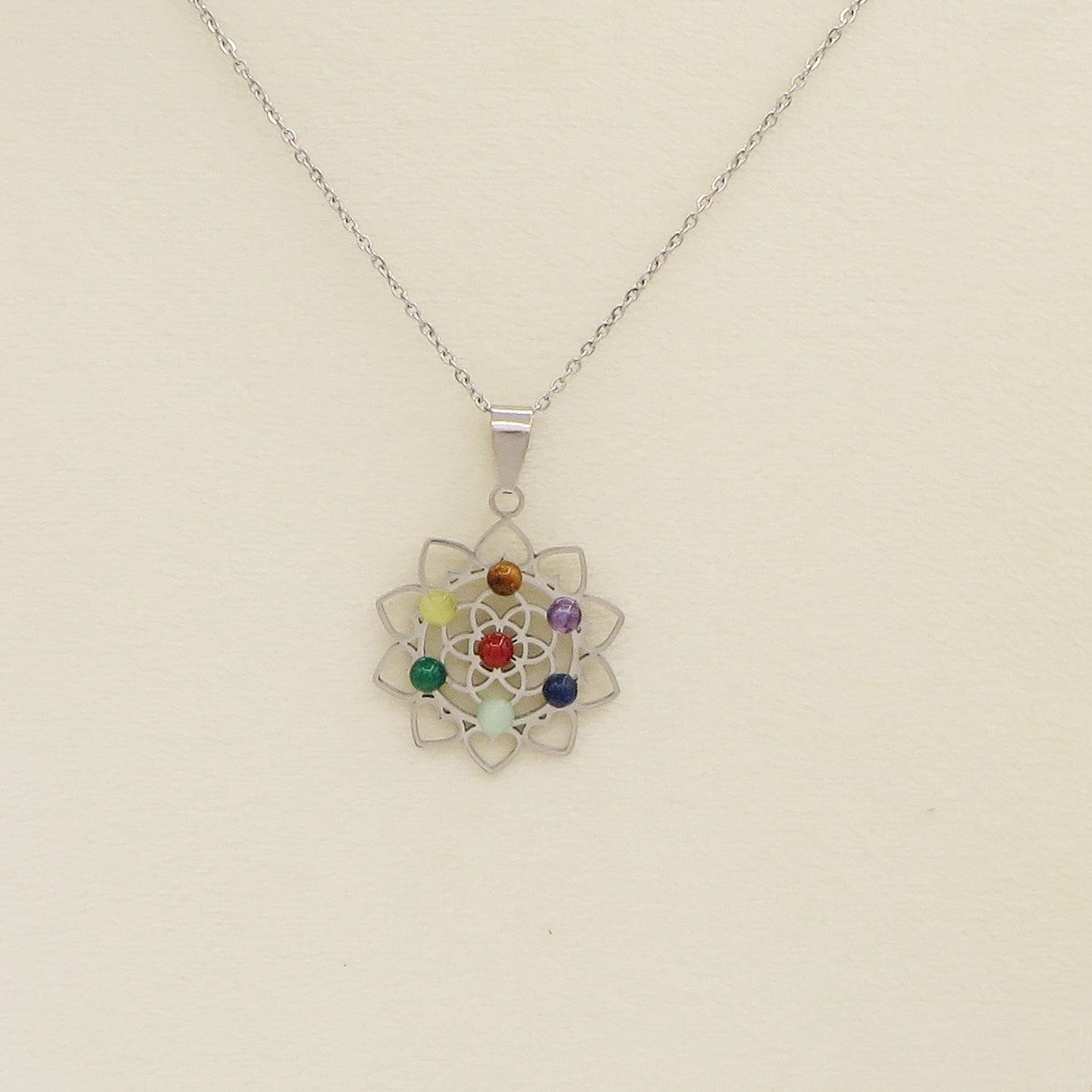 7 CHAKRAS LOTUS ~ Collana Pendente fiore loto + pietre dure naturali ACCIAIO