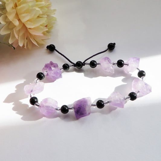ANJALI BRACCIALE ~ CON DRUSE DI AMETISTA NATURALE IRREGOLARE E OSSIDIANA NERA ~ modello SHAMBALA