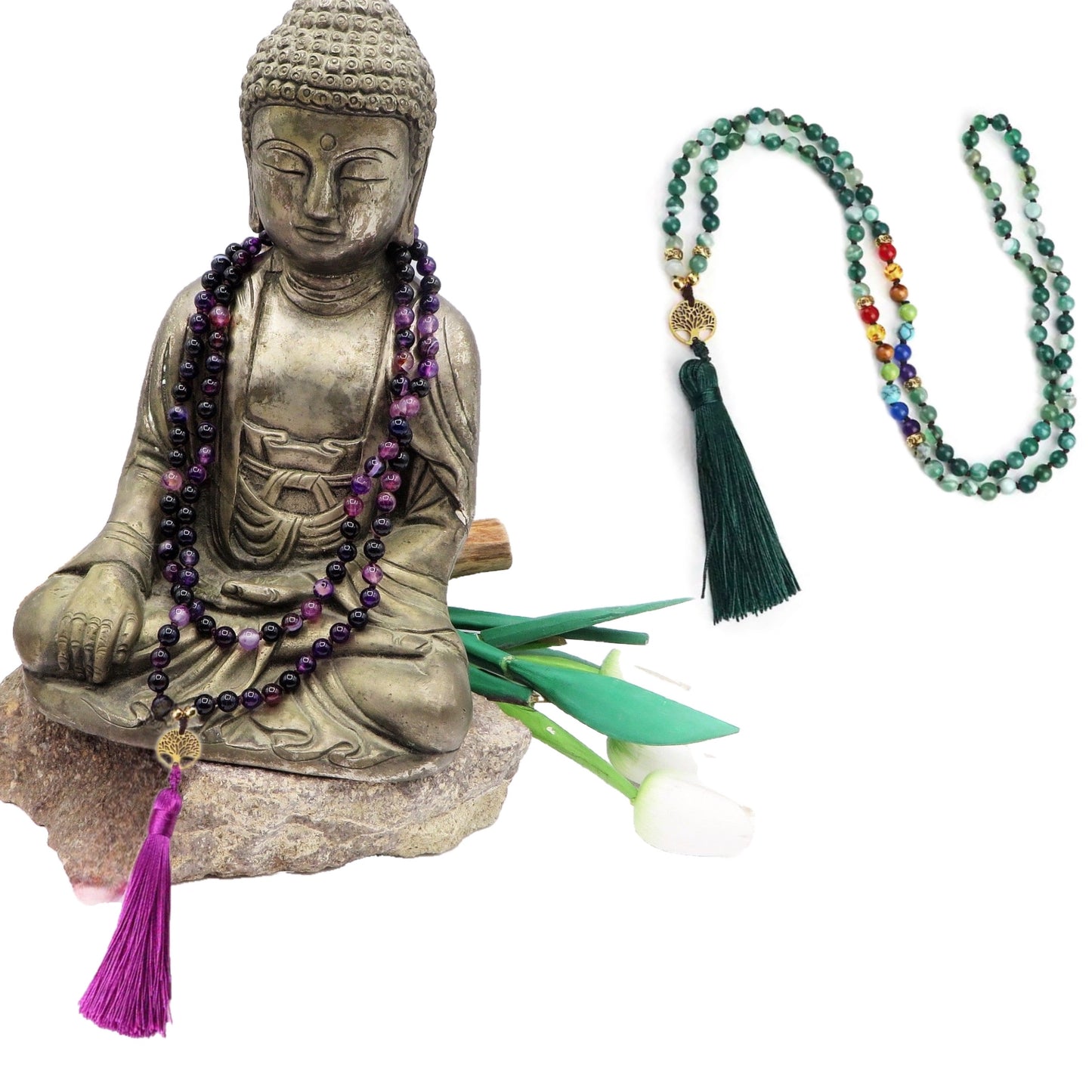 LHAMO ~ JAPAMALA 108 grani in AGATA FUOCO, AGATA VIOLA E AGATA STRIATA MULTICOLOR, AGATA LAPISLAZZULI