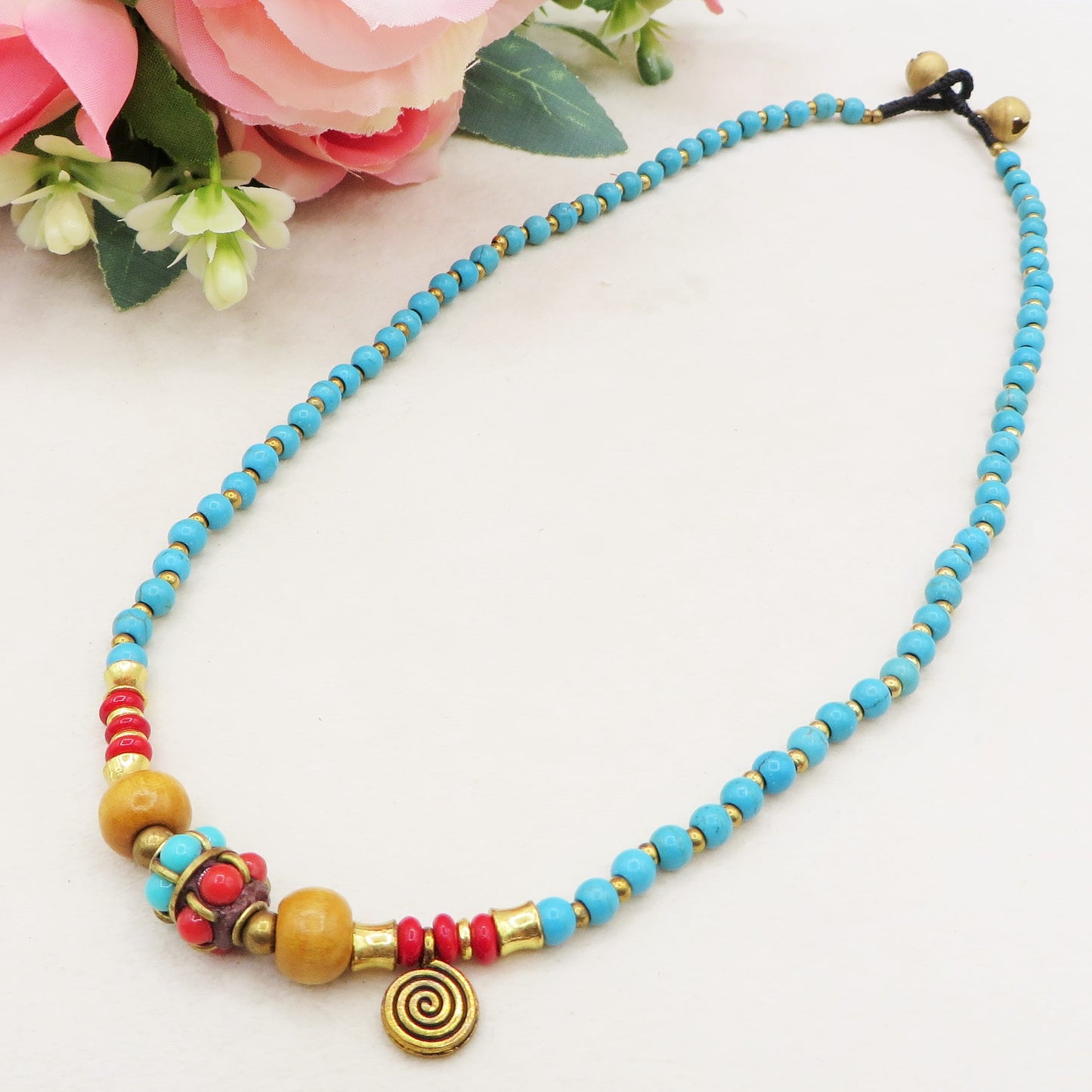 AMRITHA ~ COLLANA TIBETANA IN PIETRE DURE NATURALI con ciondoli mosaico in turchese e corallo