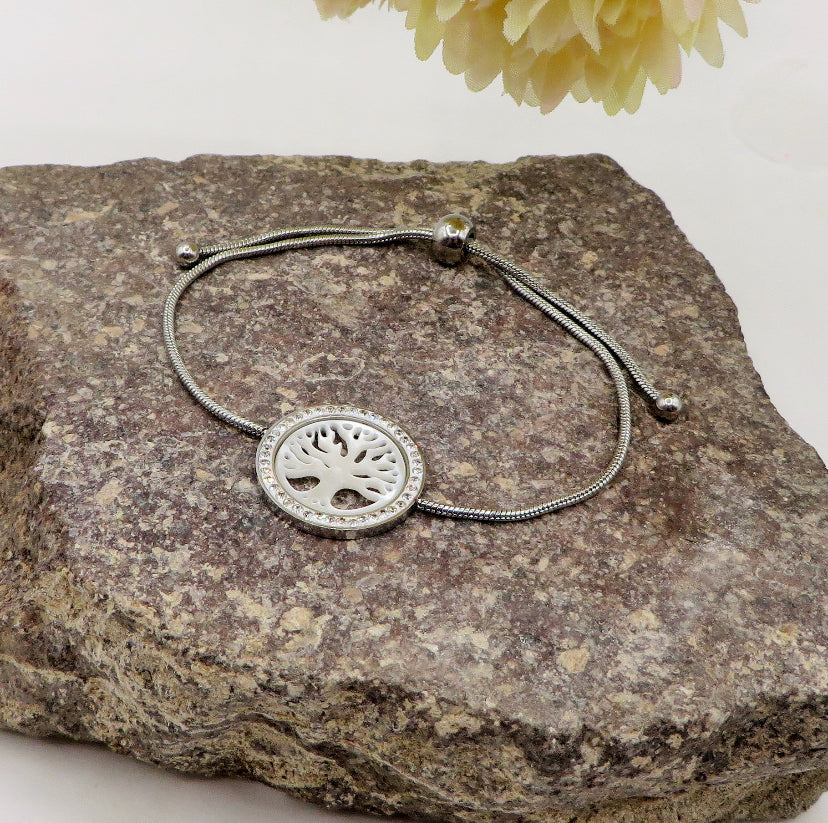 TREE OF LIFE MADREPERLA BRACCIALE~ ALBERO DELLA VITA COLLANA in acciaio inossidabile 316L ~ Ciondolo in madreperla e zirconi