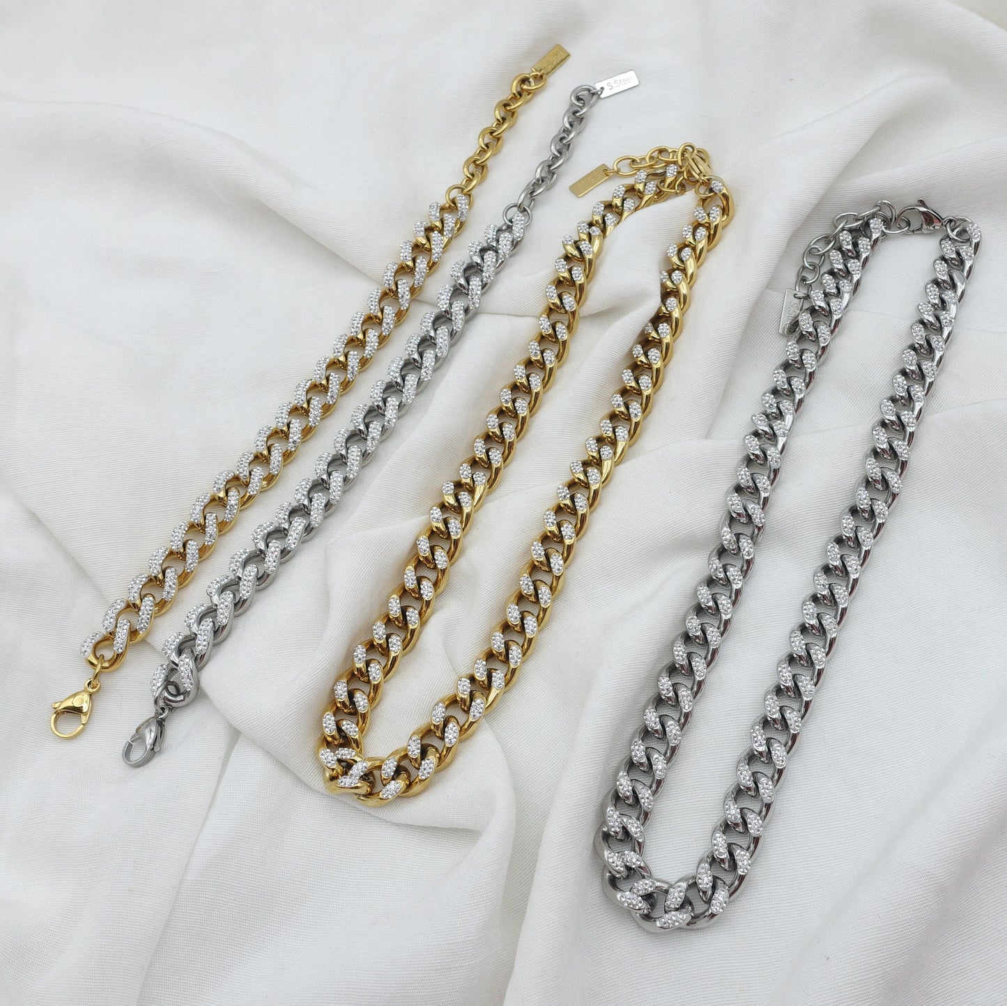 MADISON ~ Collana  con catena cubana in ACCIAIO INOX e zirconi