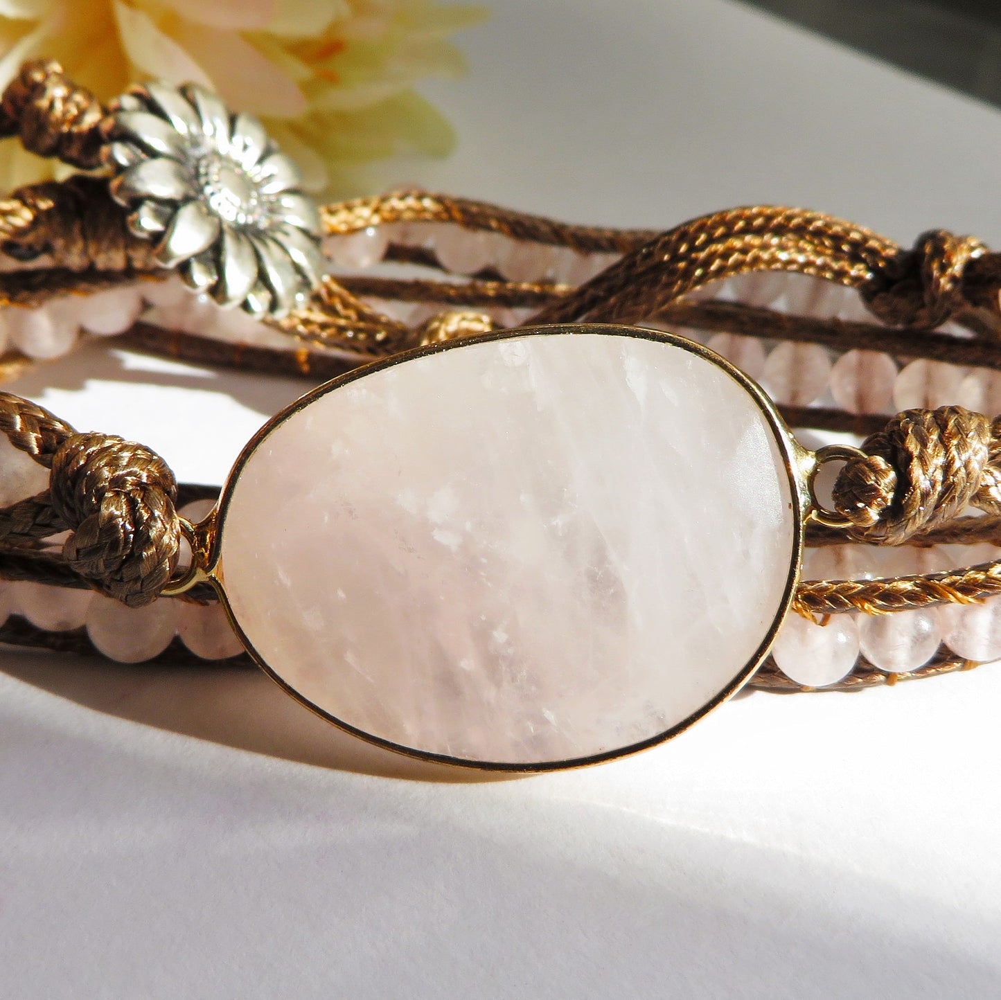 ŚAKTI ~ PURE ENERGY QUARZO ROSA~ bracciale avvolgente triplo giro in pietre naturali ~