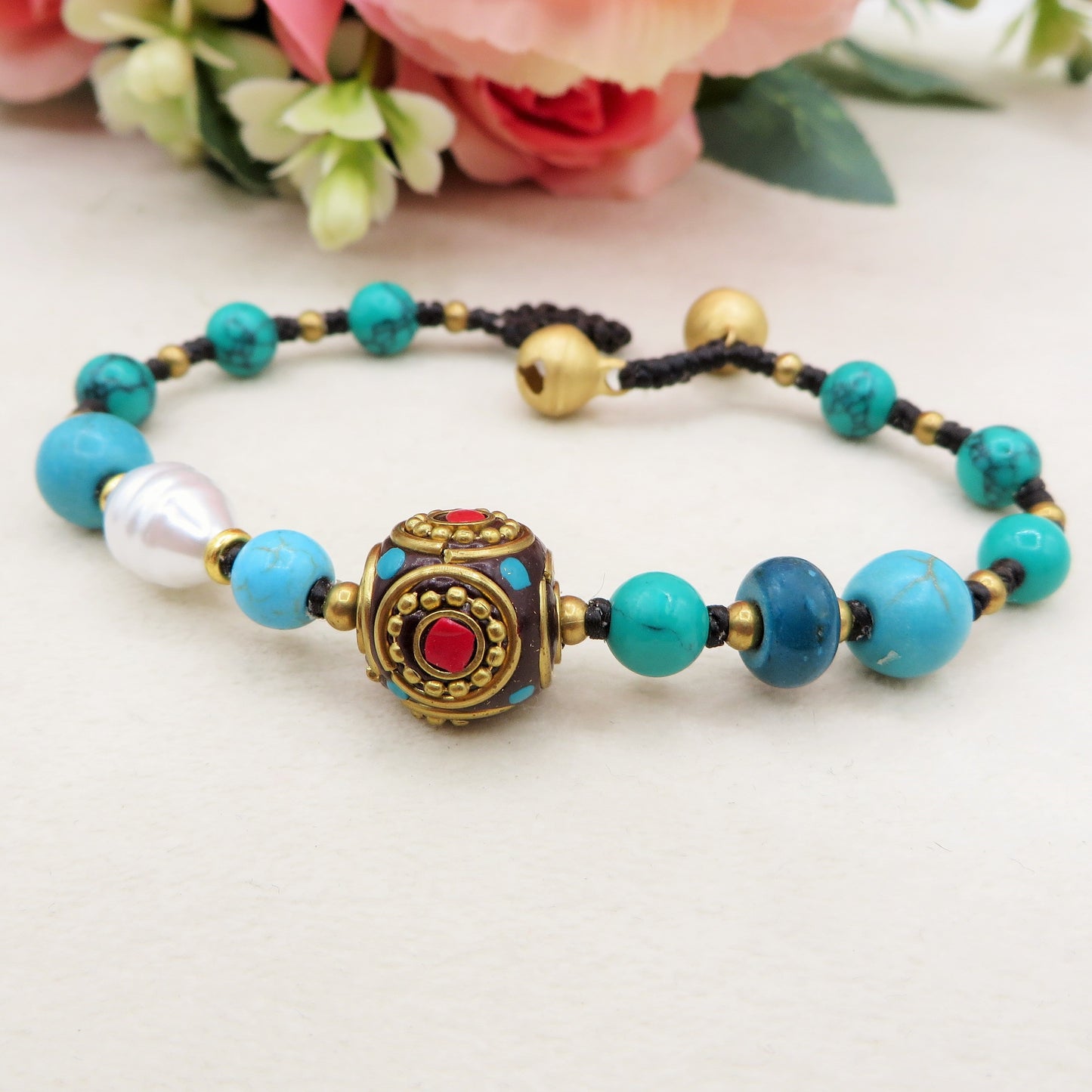 SAKYA ~ BRACCIALE TIBETANO IN PIETRE DURE NATURALI con accessori etnici