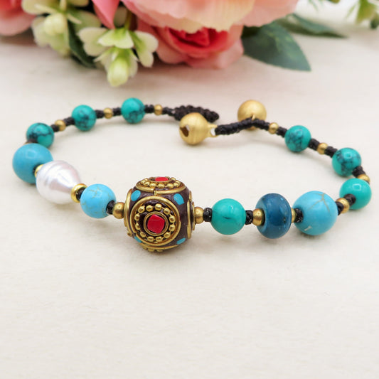 SAKYA ~ BRACCIALE TIBETANO IN PIETRE DURE NATURALI con accessori etnici