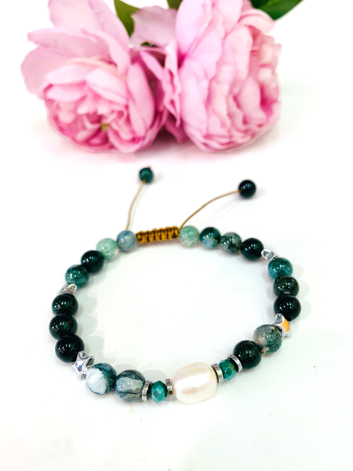 SHINE' ~ BRACCIALE IN PIETRE DURE NATURALI e perla di fiume  ~ con accessori in acciaio 316 L