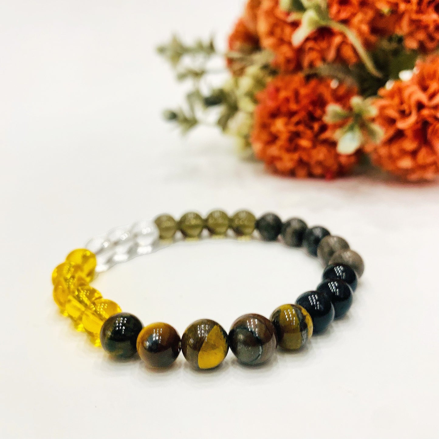 INDIAN DREAMS OCEAN GOLD ~ BRACCIALE DI PROTEZIONE ED EQUILIBRIO ~ ELASTICIZZATO IN PIETRA DURA NATURALE