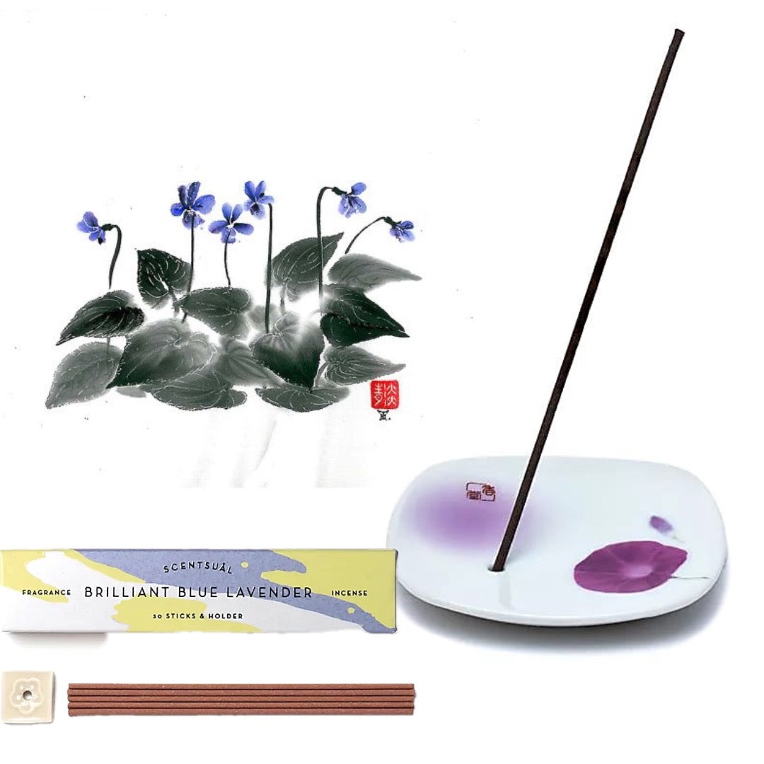 ZEN bruciaincenso  in ceramica con decorazione SUMI -e Yume no Yume ~ Foglia di bambù ~ Felce di violìni ~ Gloria mattutina