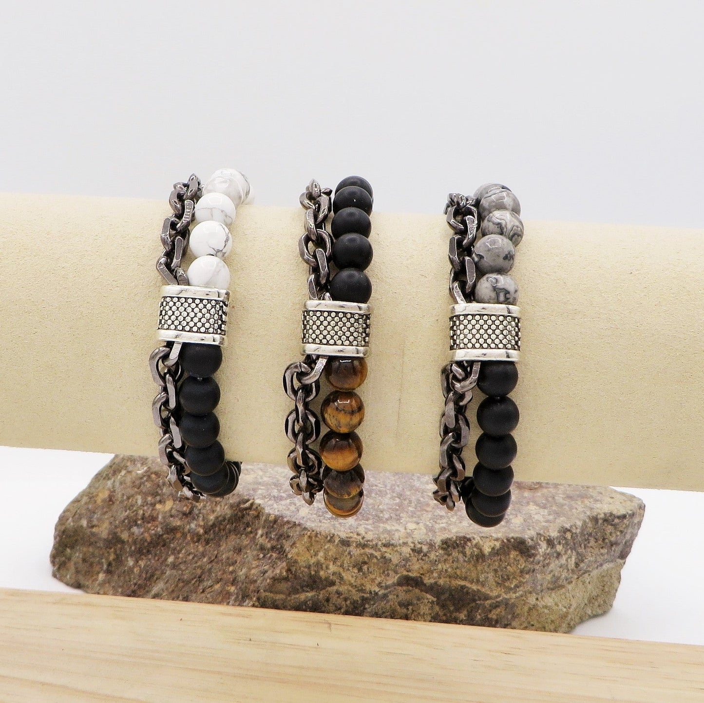 ARATH ~ Bracciale uomo catena + perle in pietra dura - ACCIAIO INOSSIDABILE