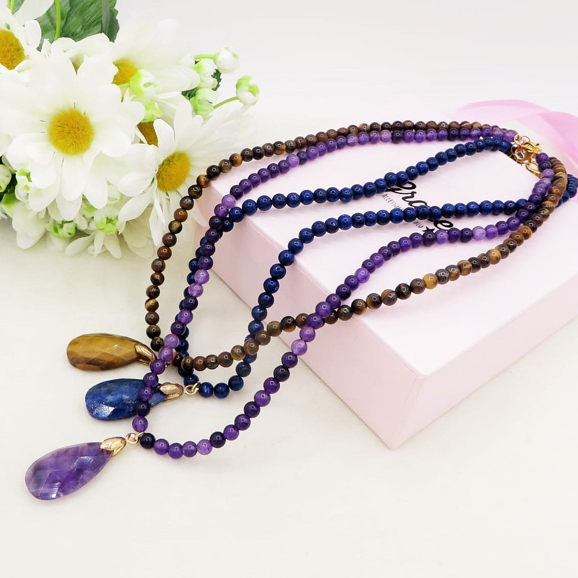 RAKA Collana in pietra naturale con pendente  a forma di Goccia finita in acciaio inossibalile 316L~