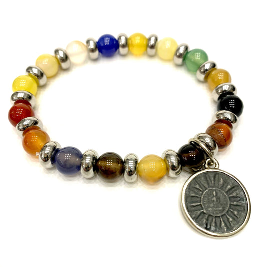 ARYA MULTICOLOR PIETRA ~ 7 CHAKRA  ~BRACCIALE  IN PIETRE DURE NATURALI e nodini ACCIAIO con ciondolo BUDDHA miniatura