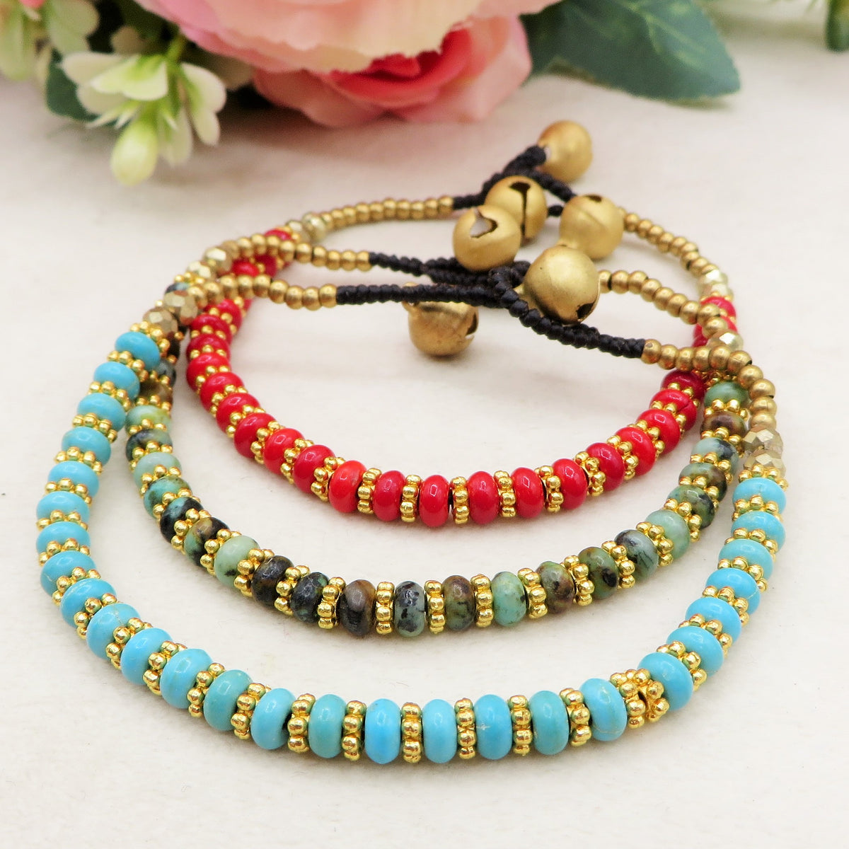 TENZIN ~ BRACCIALE TIBETANO IN PIETRE DURE NATURALI con accessori etnici