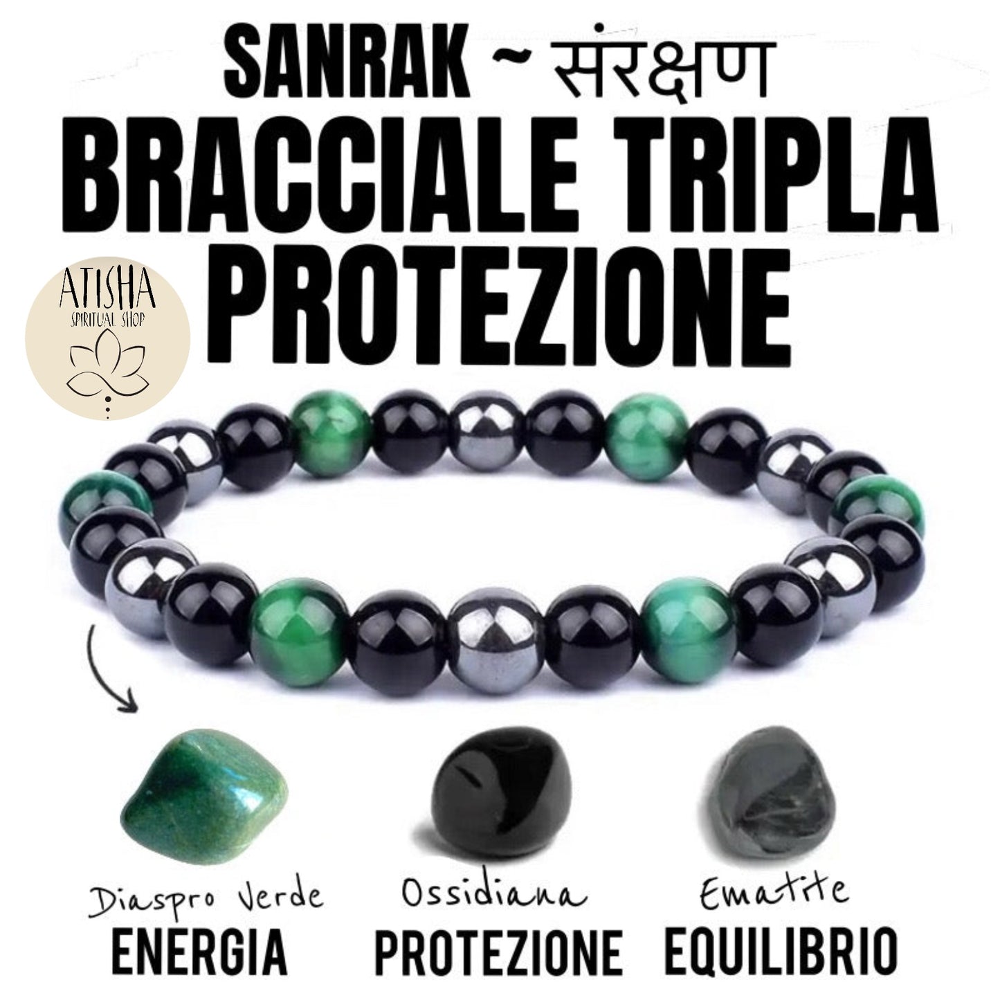 SANRAK~ BRACCIALE TRIPLA PROTEZIONE~ pietra dura naturale
