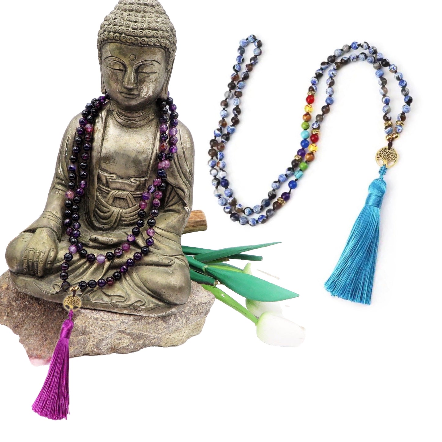 LHAMO ~ JAPAMALA 108 grani in AGATA FUOCO, AGATA VIOLA E AGATA STRIATA MULTICOLOR, AGATA LAPISLAZZULI