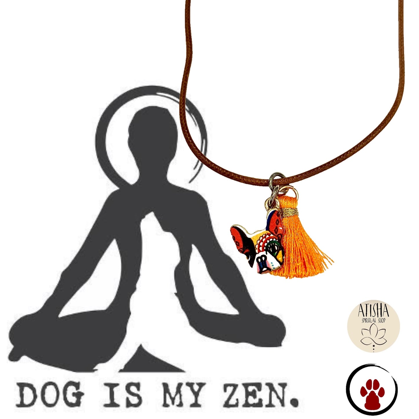 DOG IS MY ZEN ~Pendenti Bulldogue francese Tattoo, su cordino cerato con nappina,